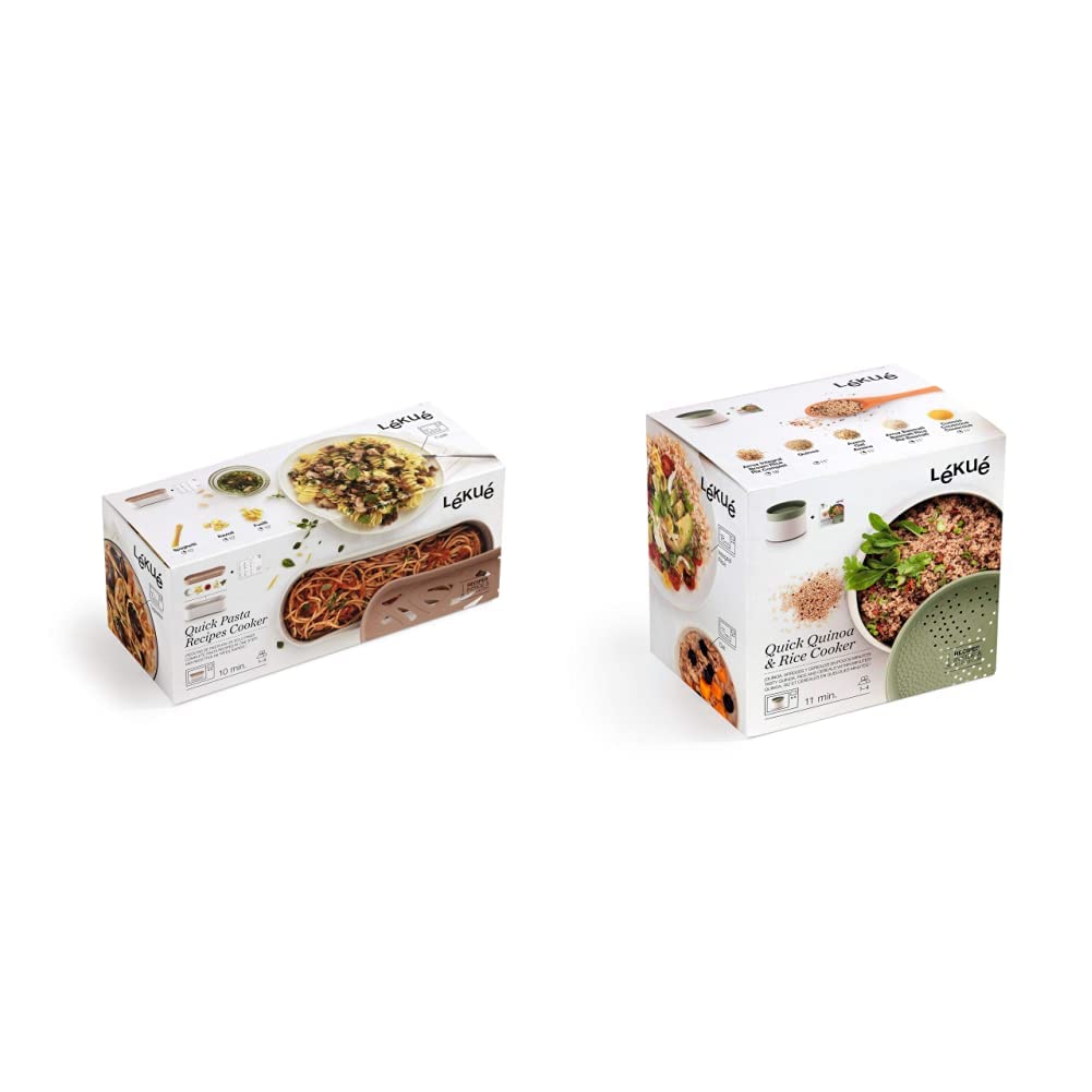 Lekue Quick Microwave Pasta Cooker & Rice Grain Quinoa Cooker Set - BPA-Free Terracotta & Green Microwave-Safe Kitchen Essentials for Easy Meal Prep | Perfect for College Dorms, Small Kitchens & Quick Healthy Meals