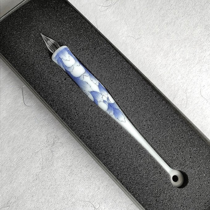 Imari Yaki Japanese Glass Dip Pen - Elegant White & Blue Floral Pattern for Calligraphy, Art & Letter Writing | Premium Handmade Glass Nib Pen for Ink Drawing, Journaling & Gift Giving