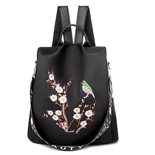 Waterproof Oxford Women's Backpack Purse - Fashion Embroidery Print School Bag & Casual Shoulder Bag for Girls (Black Embroidery) - Perfect for College, Travel & Everyday Use