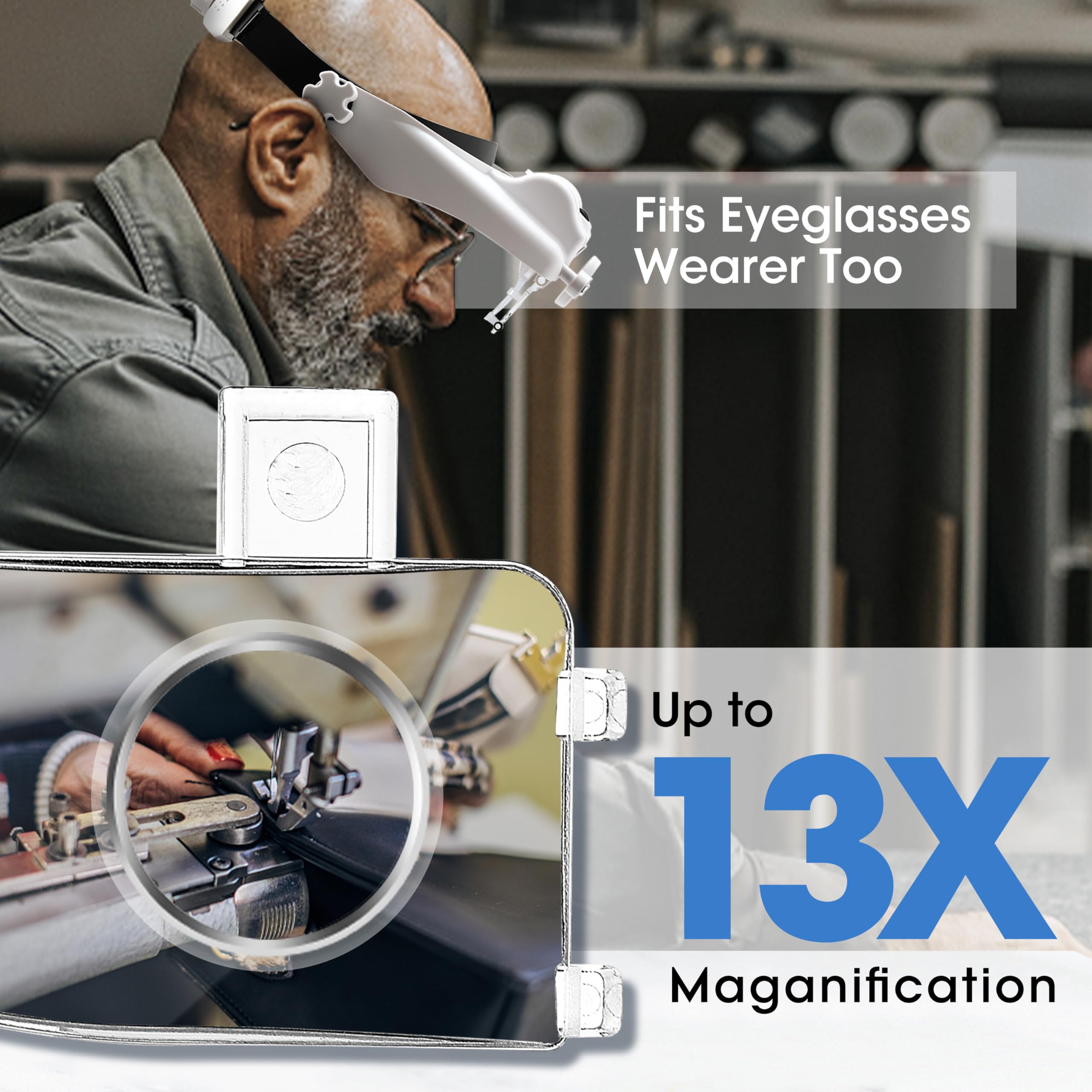 Hands-Free LED Magnifying Glasses Headset with 6 Interchangeable Lenses (1.5X-13.0X) & 2 Lighting Modes - Perfect for Jewelry Making, Watch Repair, Eyelash Extensions, Crafts & Reading - Professional Magnifier Kit for Precision Work
