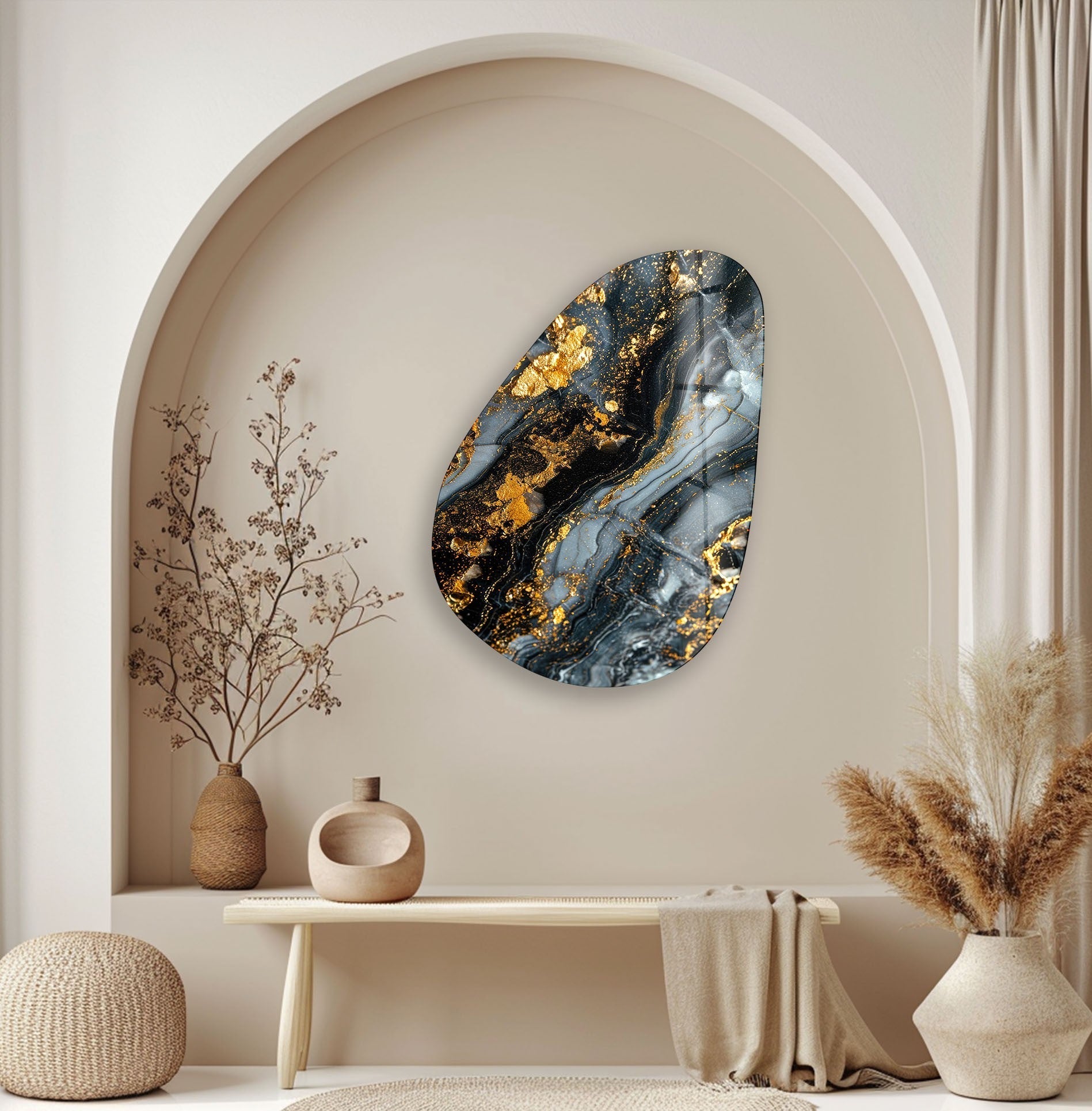 Modern Asymmetrical Oval Glass Wall Art with Black & Gold Accents - Elegant Home Decor for Living Room, Bedroom, or Office