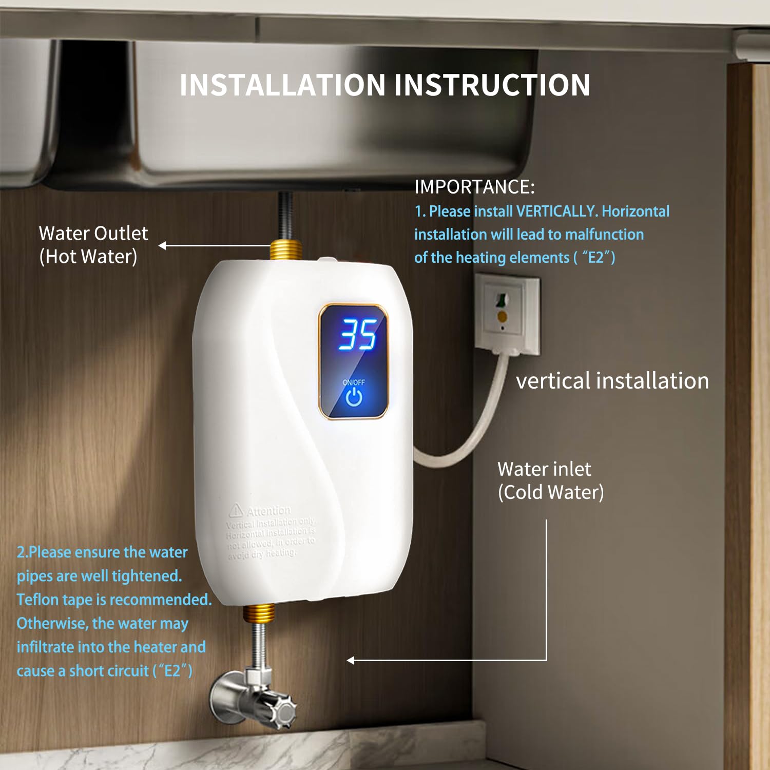 **110V 3000W Electric Tankless Water Heater - Instant On-Demand Hot Water with Digital Display - Under Sink Mini Heater for Kitchen, Bathroom & Washing - Perfect for Small Homes, Apartments & RVs**
