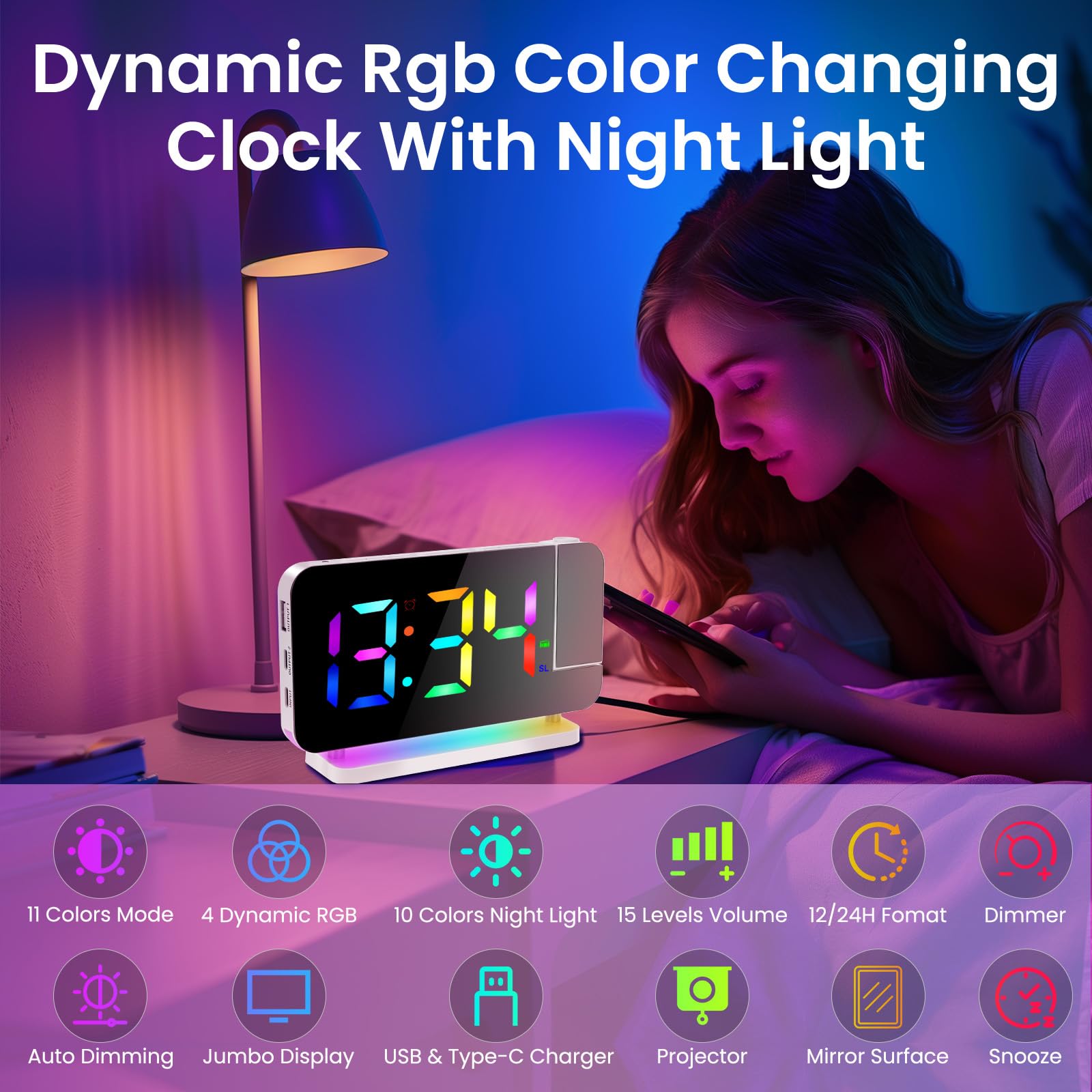 Digital Projection Alarm Clock with LED Mirror Display - 180° Rotatable Projector, RGB Night Light, USB Charger, Auto Dimmer & Snooze Function | Perfect for Bedrooms, Home Office & Travel (White)