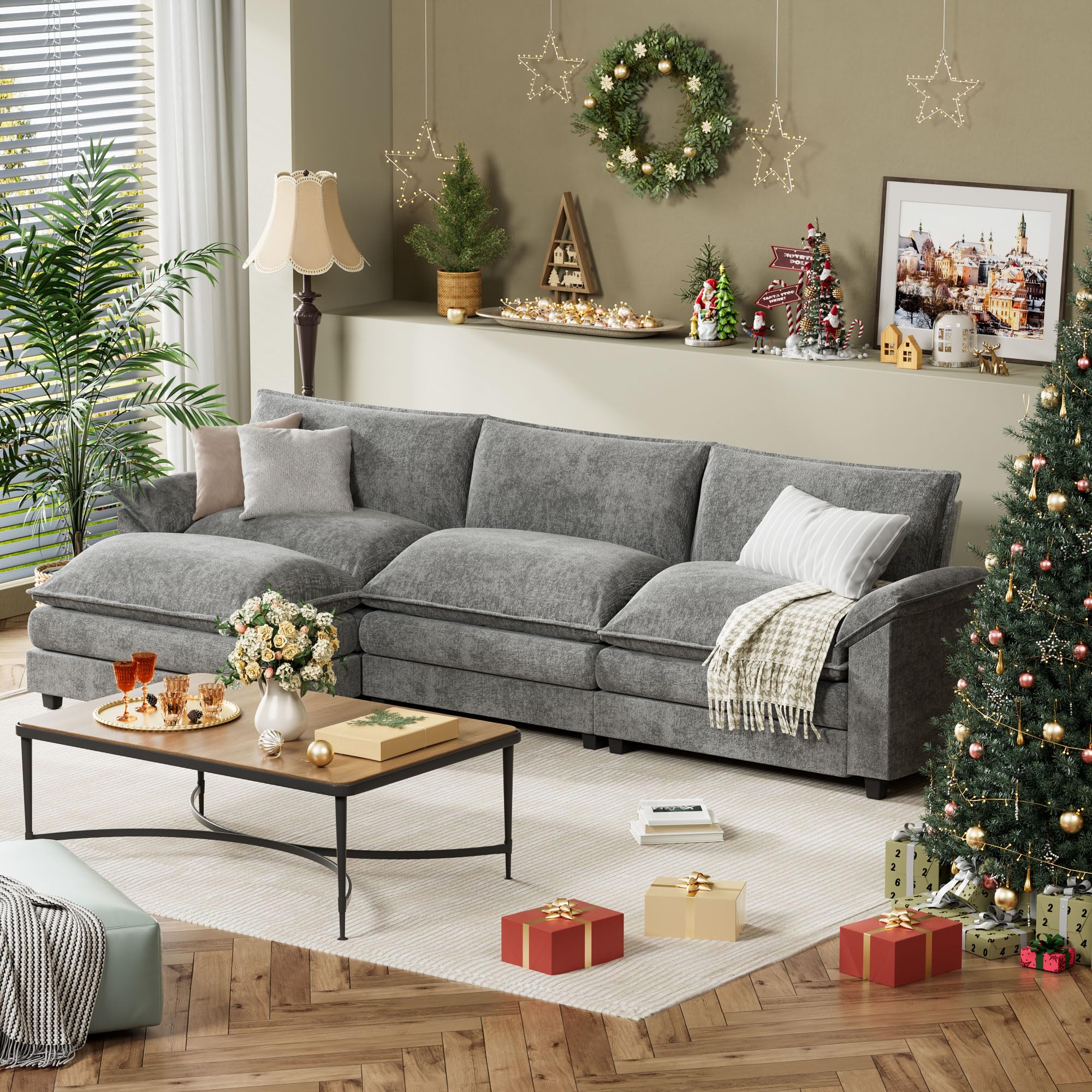 **YESHOMY Modular Sectional Sofa L-Shaped Chenille Fabric Couch with High-Support Cushions & Removable Ottoman – Comfortable Sleeper Sofa for Living Room, Apartment, or Small Space – Grey**    *(Use Case: Perfect for cozy movie nights, family gatherings, or as a stylish space-saving solution in apartments, lofts, and small living rooms.)*