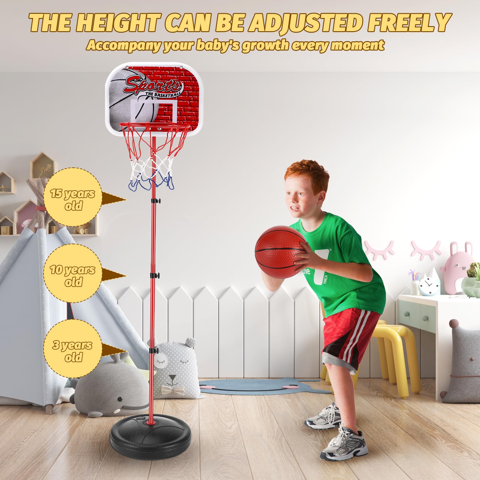 Adjustable Height Kids Basketball Hoop Set with 2 Balls & Pump - Indoor & Outdoor Basketball Goal for Boys & Girls Ages 3-8 - Perfect for Driveway, Backyard, and Playground Fun