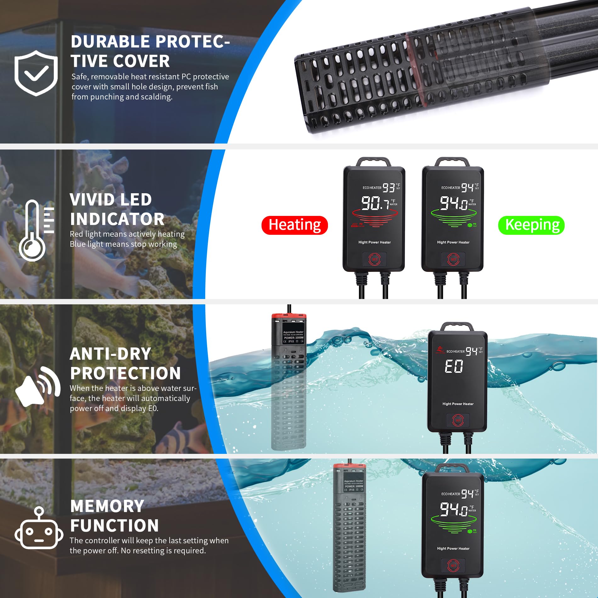1000W Submersible Aquarium Heater with LED Temperature Display - Dual Quartz Tube Fish Tank Heater for 150-300 Gallon Tanks (Saltwater & Freshwater) - Perfect for Tropical Fish, Marine Life & Reef Aquariums