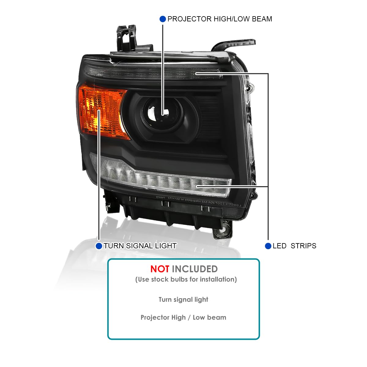 Spec-D Tuning Black Projector Headlights with LED Strip for 2014-2015 GMC Sierra 1500/2500/3500 (Base/Denali/SLE/SLT) - Left & Right Pair Headlamp Assembly - Upgrade Your Truck's Style & Night Visibility