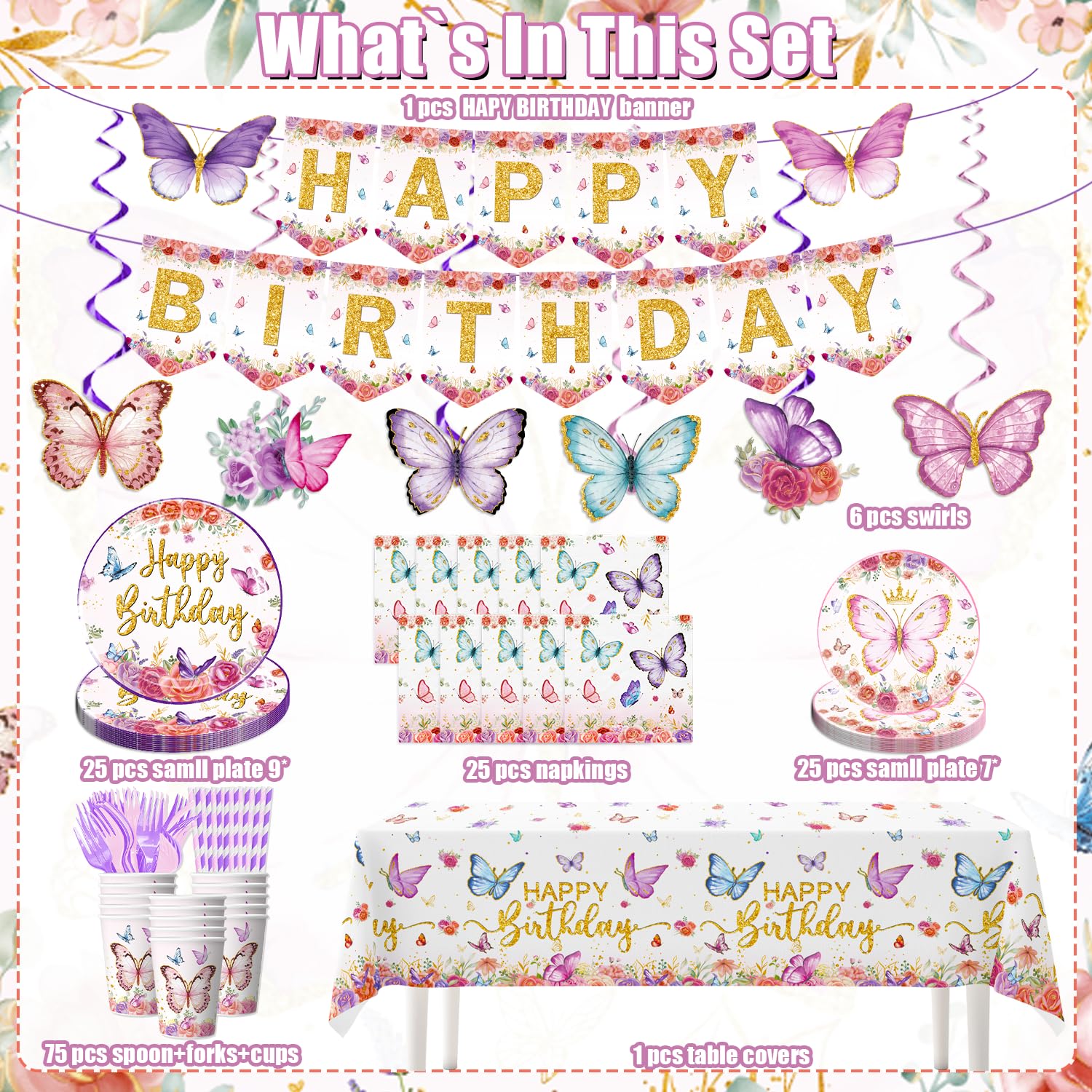 164-Piece Butterfly Birthday Party Tableware Set - Baby Shower Decorations, Butterfly-Themed Plates, Cups & Napkins for Girls Birthday Party & Baby Shower Decor - Perfect for Birthday Celebrations, Baby Showers & Themed Parties