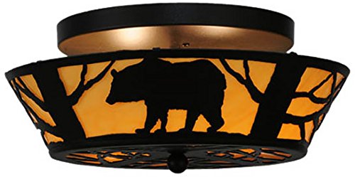 Vintage Meyda Tiffany 144229 Bear on The Loose Stained Glass Ceiling Light Fixture - 16 Inch Wide, Handcrafted Floral Bear Design - Perfect for Nursery, Kids Room, or Rustic Home Decor