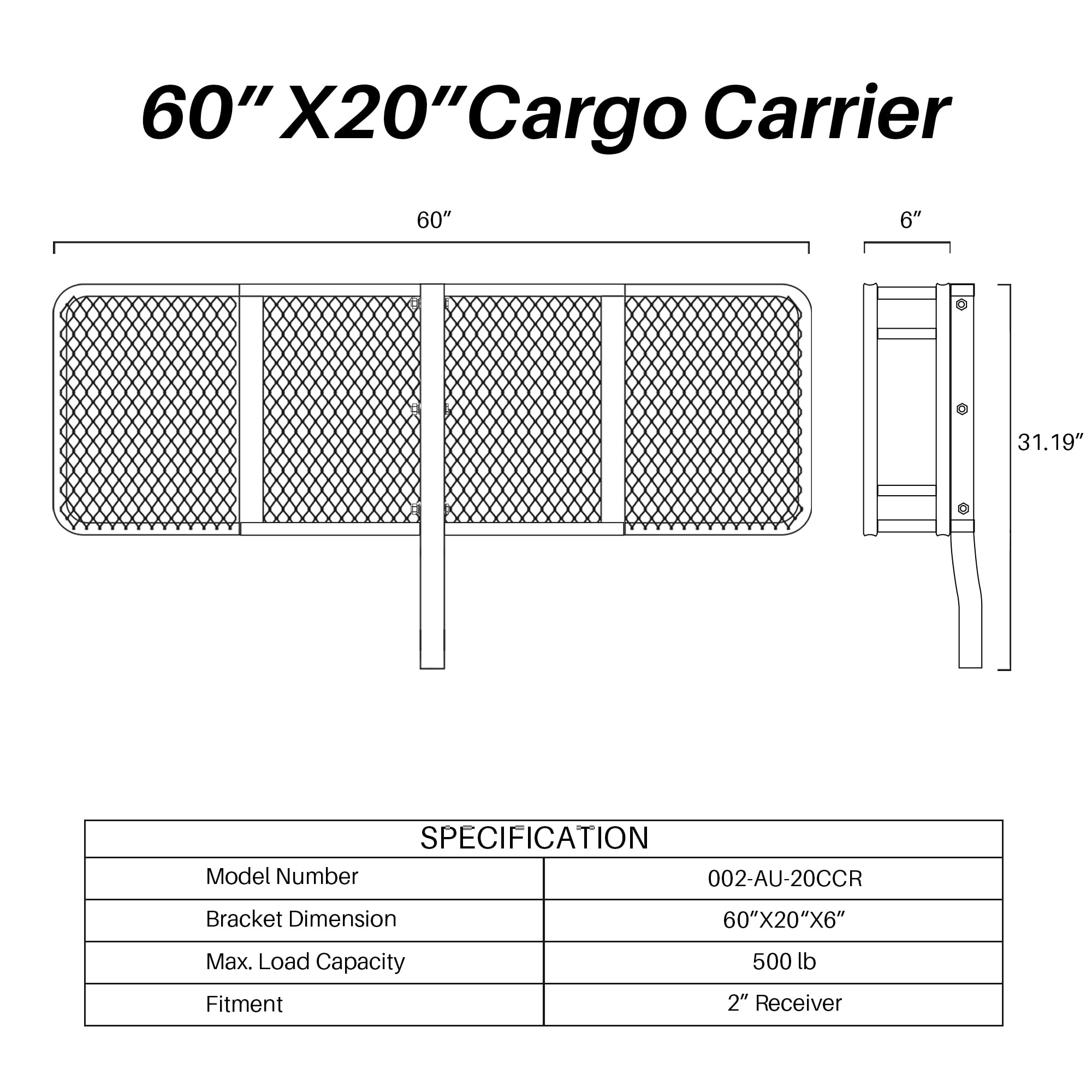ARKSEN 60 x 20 x 6 Inch Heavy Duty Cargo Rack Carrier - 500 lbs Capacity, Waterproof Storage Bag, Angled Tow Hitch Basket for SUV, Pickup Truck, Car | Perfect for Camping, Road Trips, Traveling & Outdoor Adventures