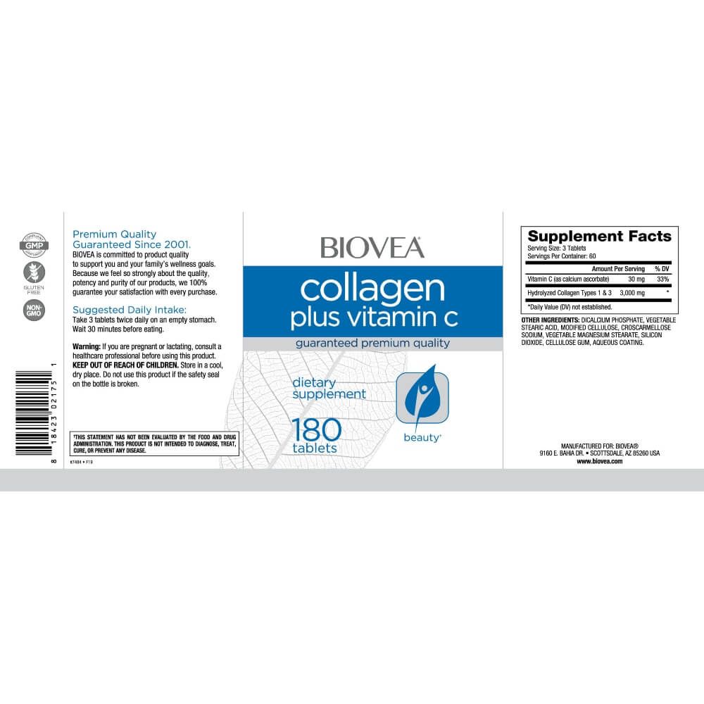 Biovea Collagen plus Vitamin C 180 Tablets - Supports Skin, Hair & Joint Health - Anti-Aging Supplement for Women & Men - Perfect for Daily Wellness Routine