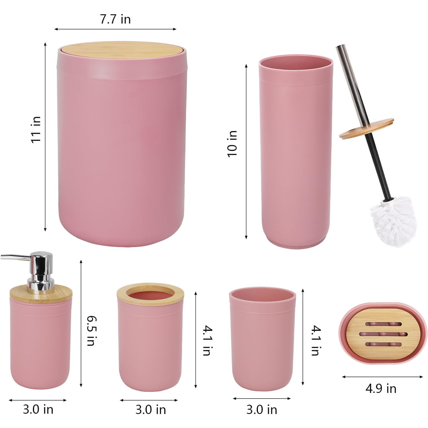 CERBIOR 6-Piece Bamboo Bathroom Accessories Set - Includes Soap Dispenser, Toothbrush Holder, Cup & Soap Dish - Modern Pink Bath Decor for Countertop - Perfect Housewarming Gift for Home & Apartment Decor