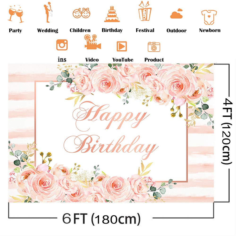 Happy Birthday Backdrop Pink Floral Photo Background - 6x4ft Party Decor for Girls Birthday, Baby Shower & Women's Celebration - Perfect for Photo Studio, Dessert Table & Wall Decoration