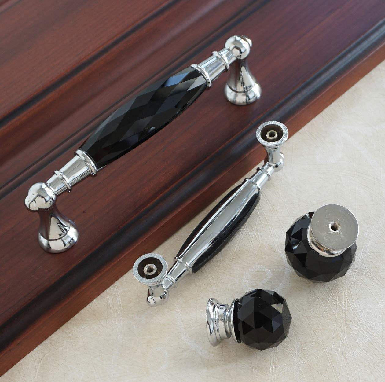 2Pcs Black Crystal Drawer Knobs - 3.75 Inch (96mm) Glass Cabinet Pulls for Kitchen, Dresser & Cupboard - Elegant Black Hardware Handles (3.75