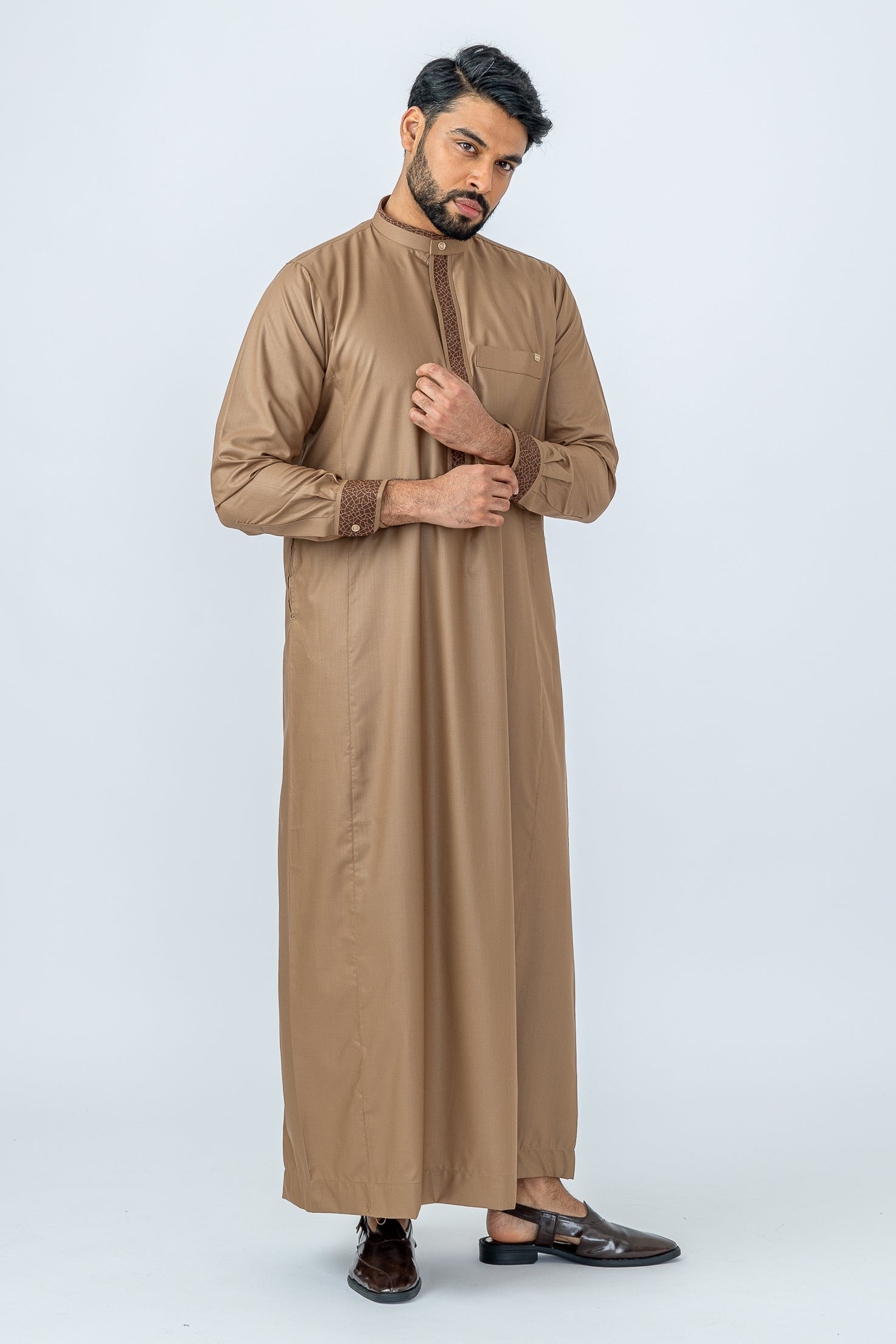 Aztec Almond Brown Thobe for Men - Traditional Islamic Robe with Embroidery - Perfect for Eid, Ramadan & Special Occasions