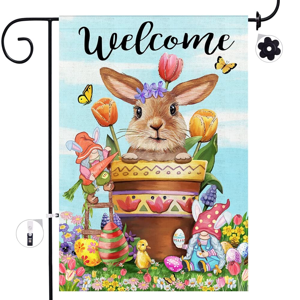 Double Sided Easter Garden Flag 12x18 - Bunny, Eggs, Chicken & Gnomes with Tulip Flowers Burlap Yard Decor | Spring Welcome Vertical Lawn Sign for Home, Pool & Outdoor Decorations | Perfect for Easter Celebrations, Front Yard Displays & Seasonal Home Decor
