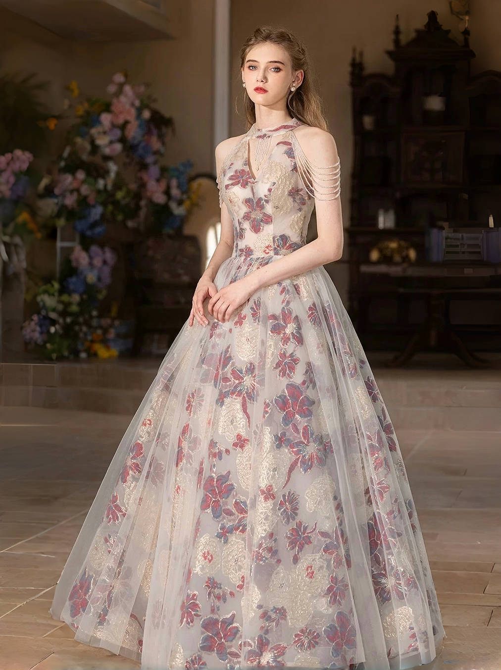 Elegant A-Line Tulle Lace Light Champagne Long Prom Dress | Lace Evening Gown for Formal Events | Perfect for Homecoming, Wedding, and Special Occasions