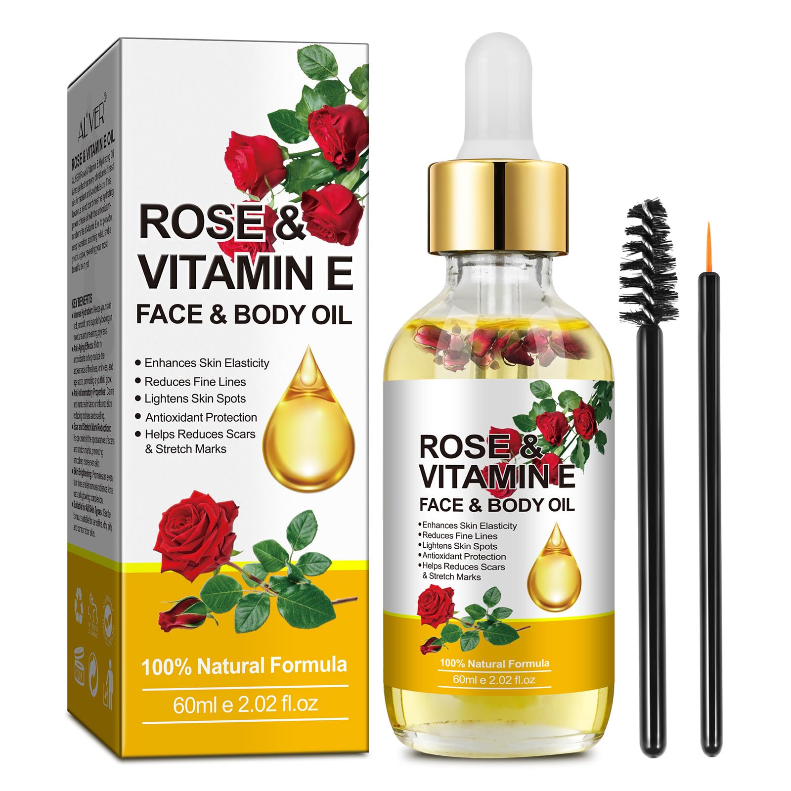 Organic Vitamin E Oil with Rose Oil for Face & Skin Care - 2 Fl Oz | Hydrating Moisturizer for Dry Skin, Anti-Aging & Night Routine