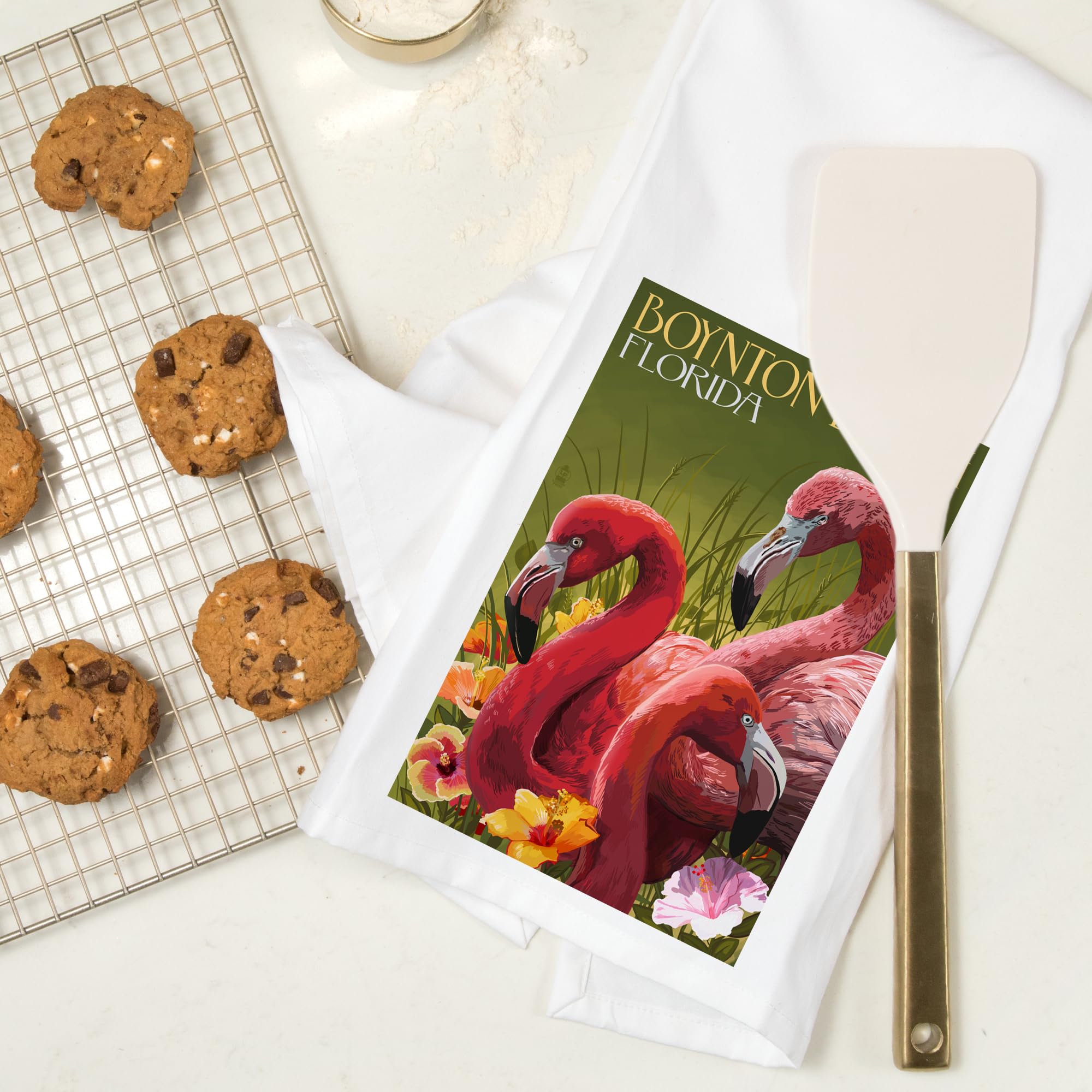 Lantern Press Boynton Beach Florida Flamingos 100% Cotton Tea Towel - Decorative Hand Towel for Kitchen & Home - Perfect for Dish Drying, Gift Giving & Coastal Decor