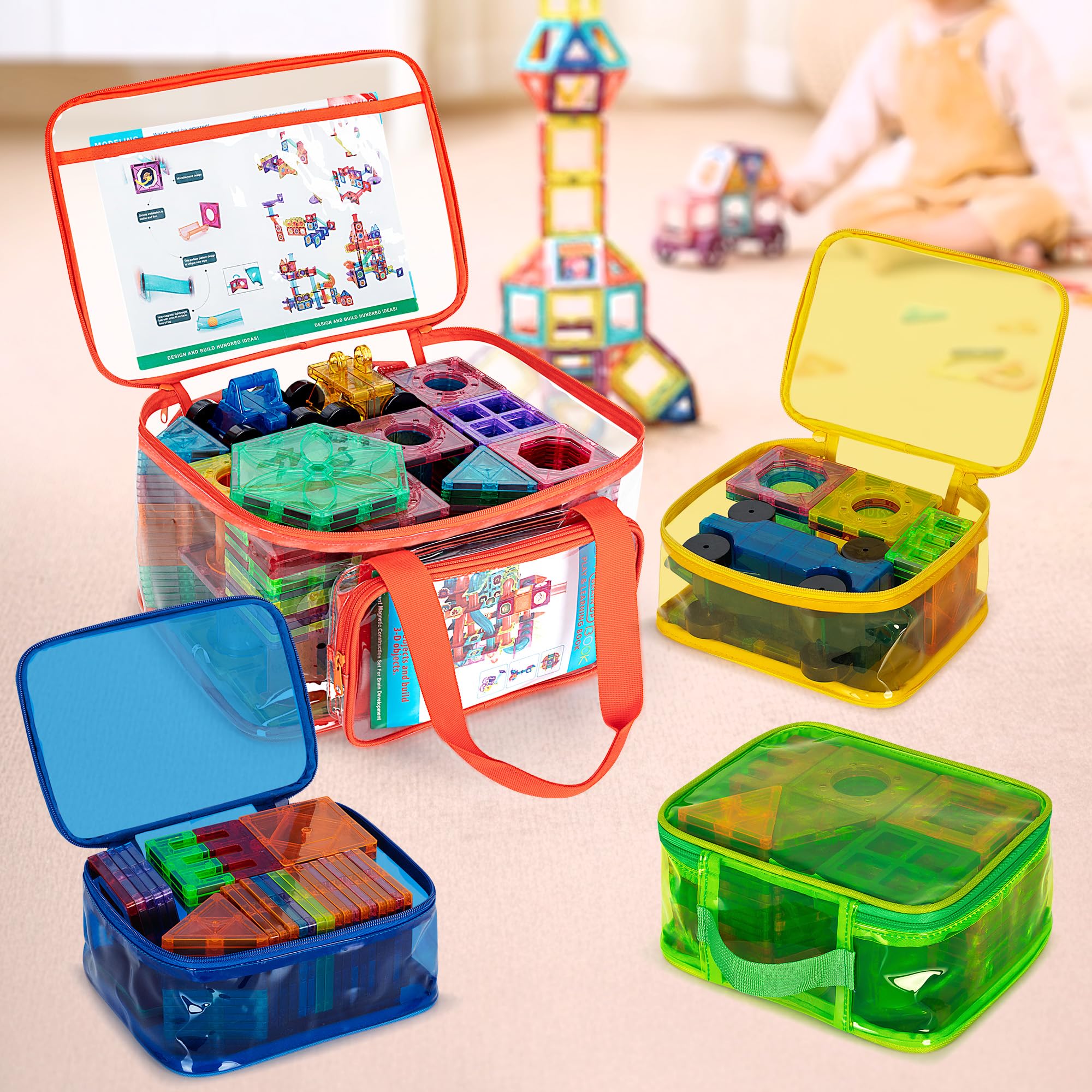 4PCS Magnetic Building Tiles Storage Bags - Clear PVC Toy Organizer for Magnetic Blocks, Board Games & Travel | Durable Carry Case for Kids Toys, STEM Learning & Home Organization