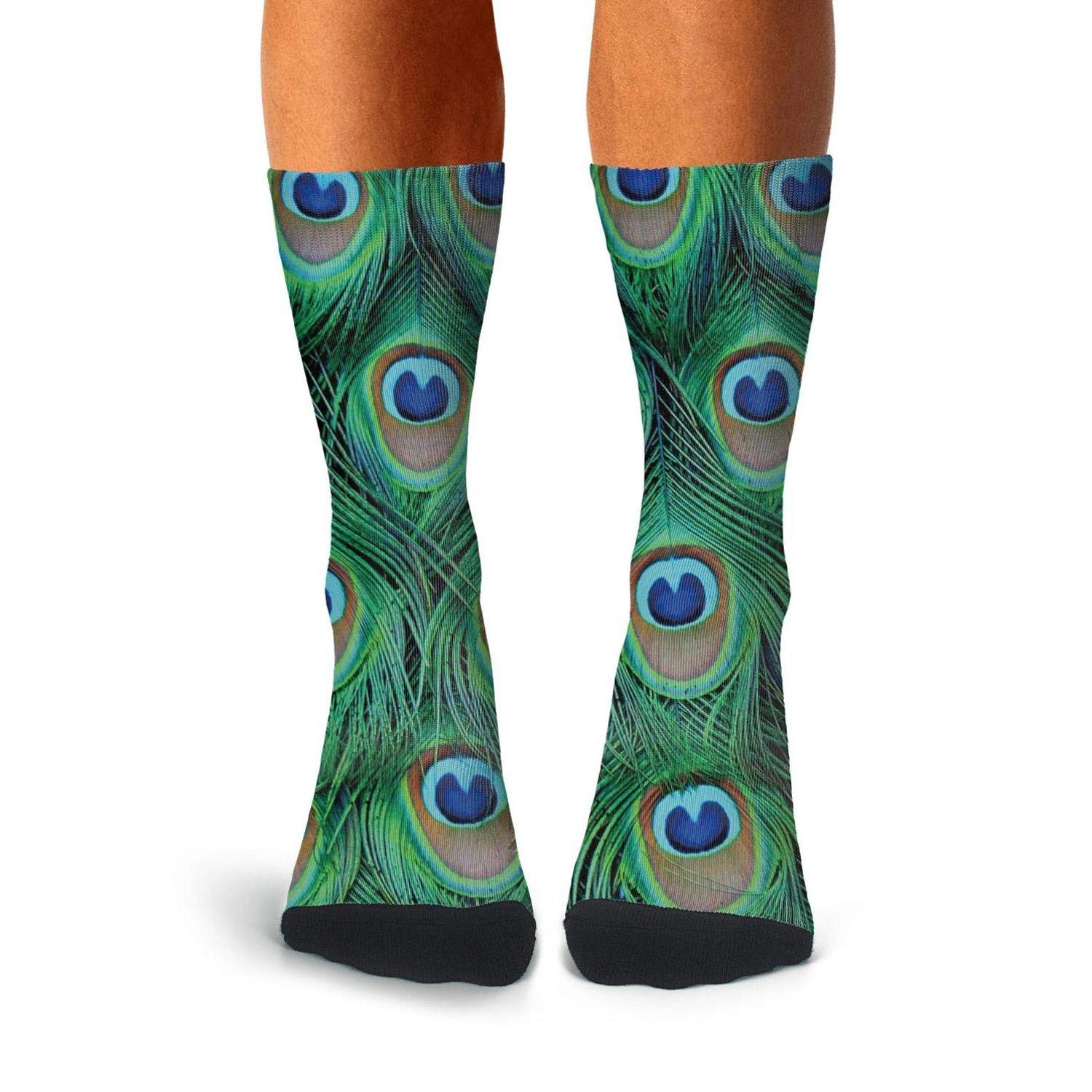 **Men's Athletic Compression Crew Socks - Peacock Feather Colorful Print, Running & Sports Cushion Socks for Enhanced Performance & Comfort - Ideal for Running, Gym, Hiking & Daily Wear**