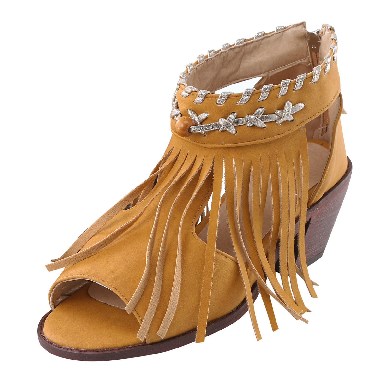 Women's Chunky Heel Sandals with Back Zipper & Tassel Detail - Stylish Buckle Strap Fish Mouth Sandals for Casual Outings, Parties & Summer Vacations