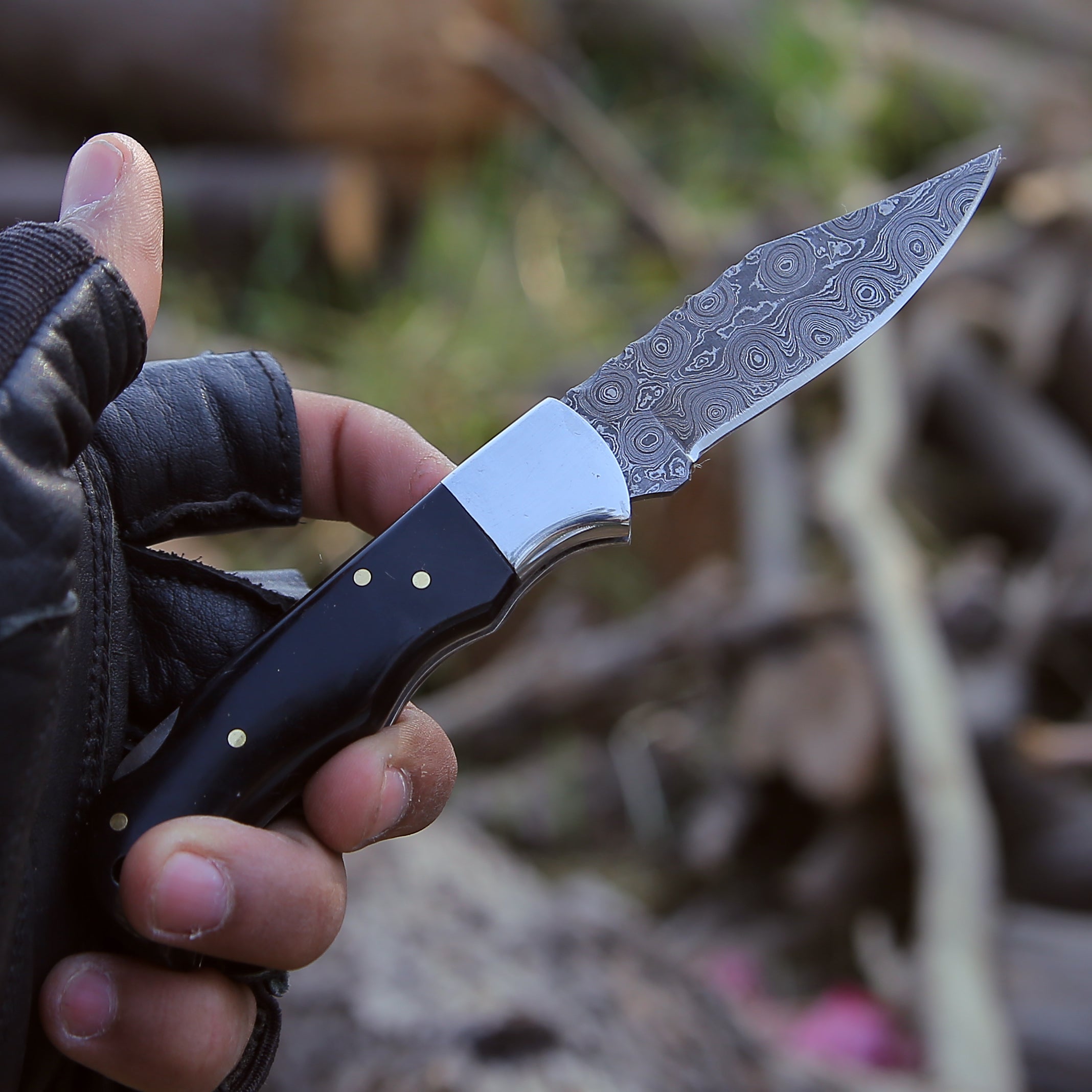Premium Damascus Steel Pocket Knife - Handcrafted Folding Knife with Sheath & Resin Handle - Perfect for Camping, Hiking, Survival & Everyday Carry (EDC)