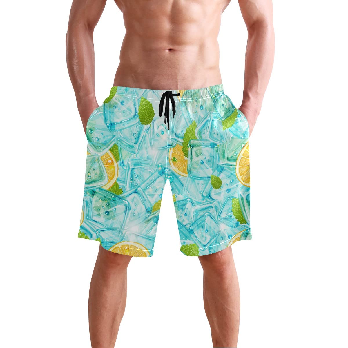 Men's Quick Dry Swim Trunks - Summer Lemon Ice Cube Pattern Board Shorts with Lining | Comfortable Sportswear for Beach, Pool & Water Activities | Size S 20403158