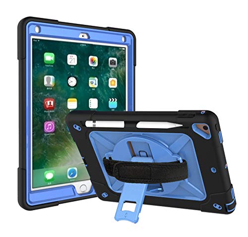 360 Rotating Handle Stand Case for iPad Air 2/Pro 9.7 (2016) & iPad 6th/5th Gen (2017/2018) - Shockproof with Kickstand, Pencil Holder & Shoulder Strap (Black+Blue) | Perfect for Work, Travel & School Use