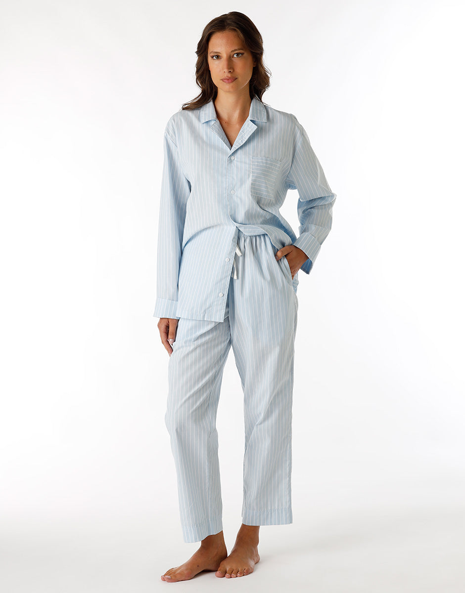 Unisex Blue Striped Cotton Long Open Front Pajamas - Comfortable Sleepwear for Relaxing at Home or Lounging