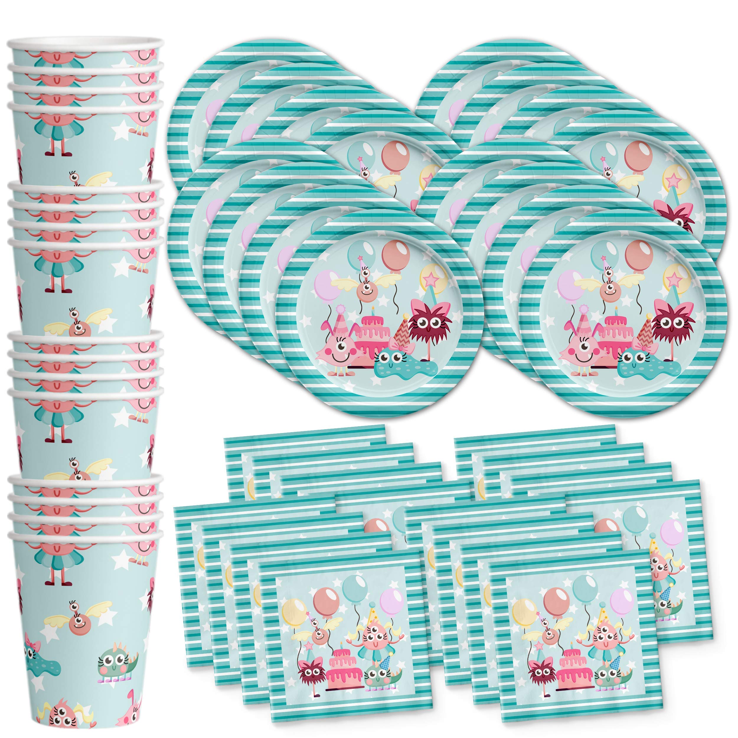Mighty Monster Girl Birthday Party Supplies Set - 16-Piece Tableware Kit with Plates, Napkins & Cups for Kids' Themed Celebrations