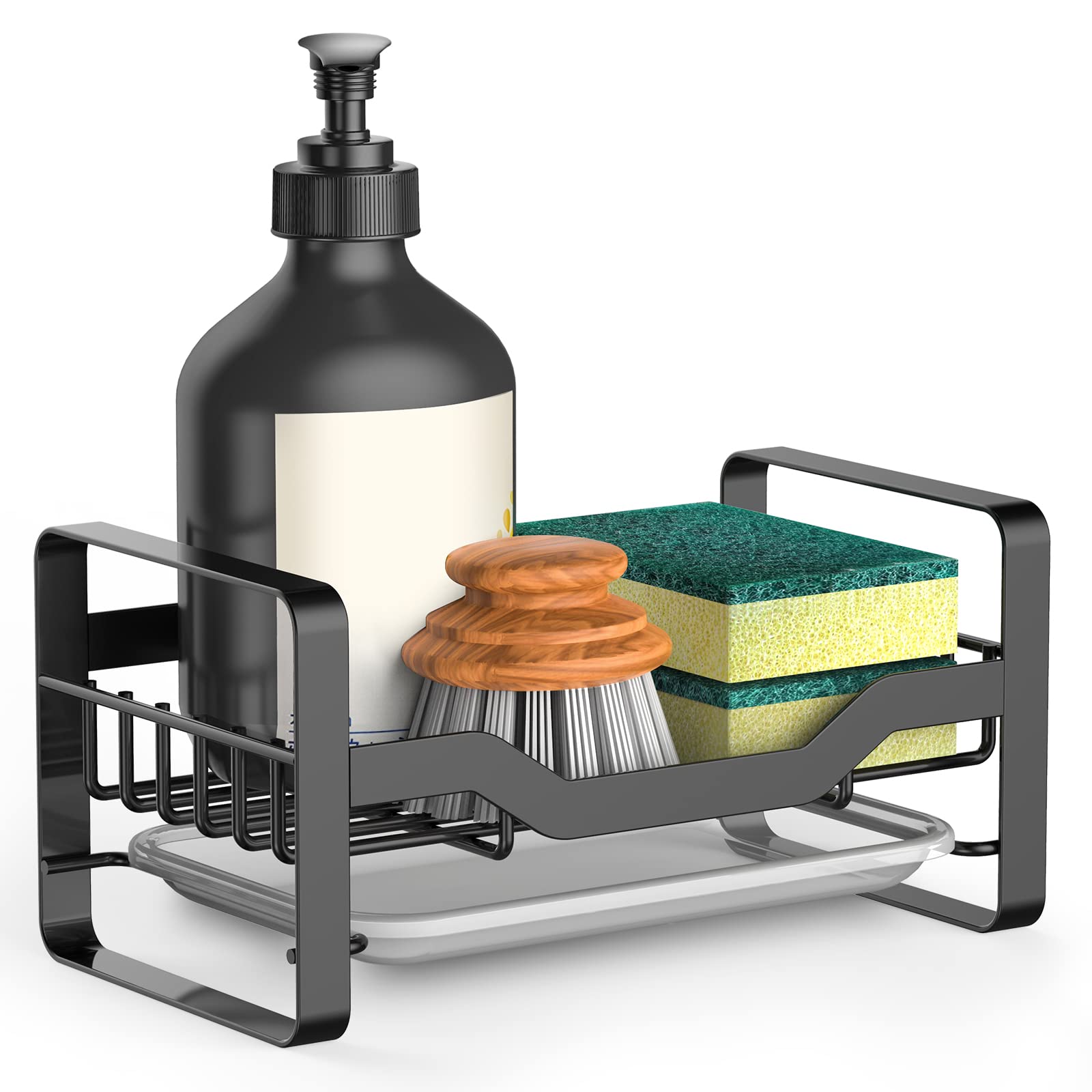 Stainless Steel Kitchen Sink Caddy Organizer - Sponge & Soap Holder with Removable Drain Tray | Countertop Storage for Brushes, Dish Soap Dispenser | Perfect for Small Kitchen Organization & Sink Accessories Storage