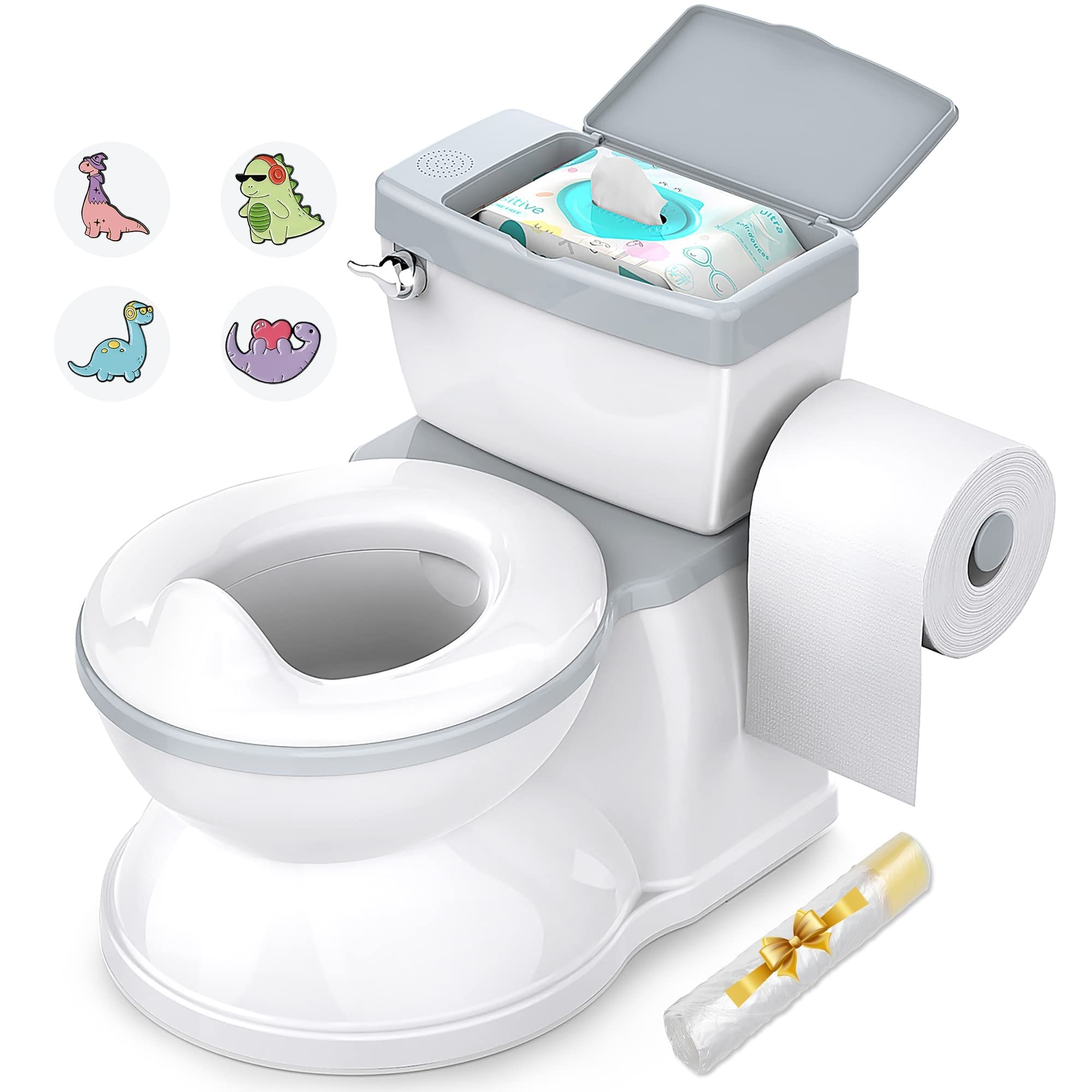 **Realistic Baby Potty Training Toilet with Flushing Sound & Adult-Like Feel – Removable Pot, Storage Tank & Toilet Paper Holder for Toddlers Aged 1-3 (White-Grey) – Perfect for Home & Travel Potty Training**