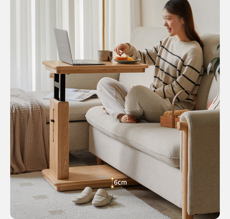 Solid Oak Wood Liftable Foldable Side Table - Adjustable Height for Living Room, Bedroom, or Office Use