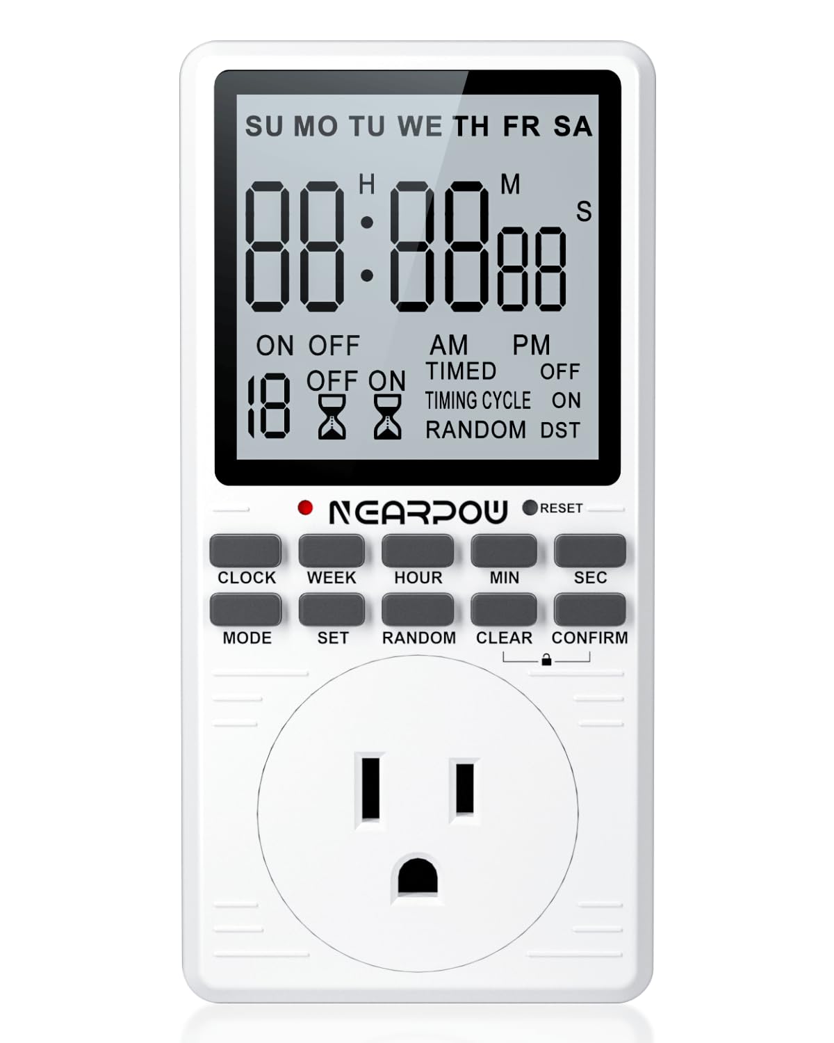 NEARPOW 7-Day Programmable Outlet Timer with Countdown - 19 ON/Off Settings, 15A/1800W, 3-Prong Plug - Perfect for Christmas Lights, Aquariums, Grow Lights & Home Automation