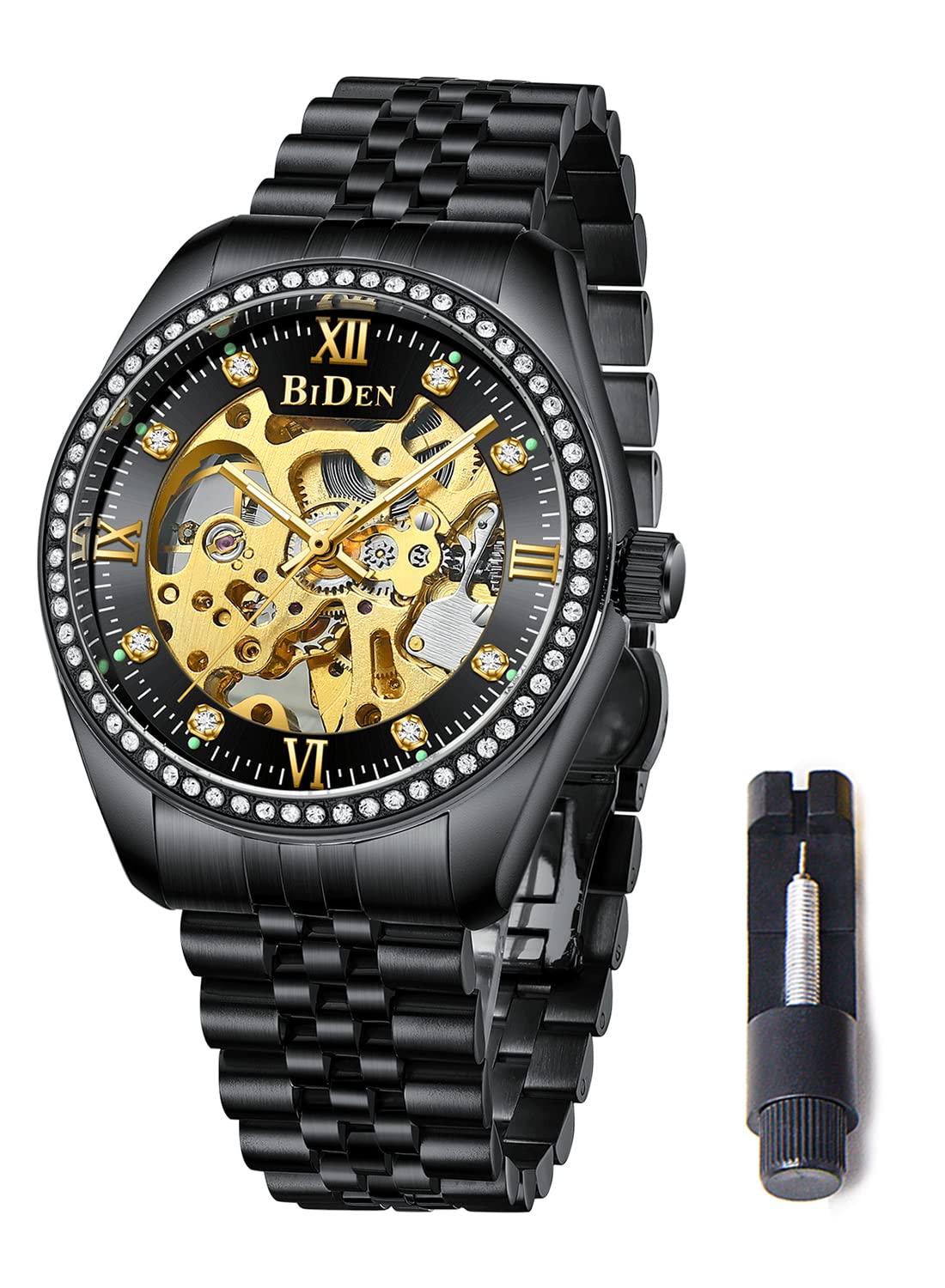 Luxury Men's Automatic Skeleton Watch - Gold & Blue Stainless Steel Mechanical Self-Winding Timepiece with Diamond Dial, Waterproof for Daily Wear - Perfect for Business, Formal Events & Gift Giving