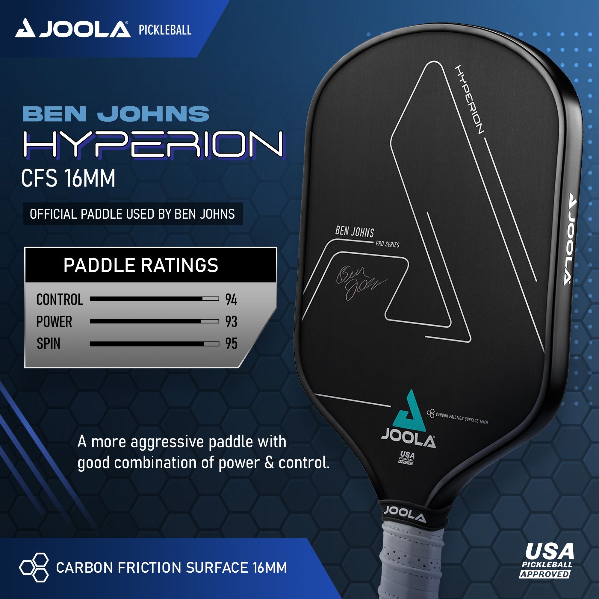 JOOLA Ben Johns Hyperion CFS Pickleball Paddle - Carbon Fiber Surface for Power & Control - Perfect for Competitive Play & Tournaments