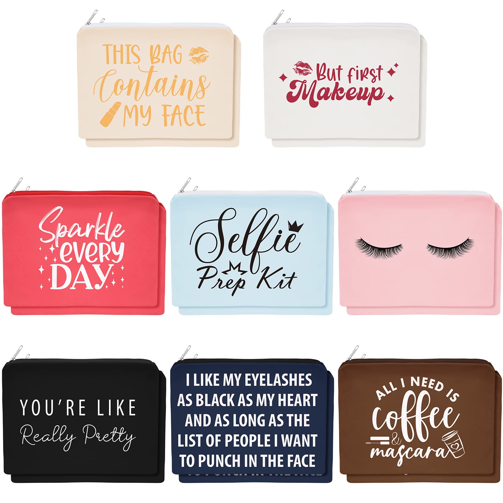WeeWooday 16-Pack Colorful Canvas Makeup Bags with Zippers - Funny Inspirational Cosmetic Pouches for Women | Travel Toiletry Organizer, Gym Essentials & Gift Set (Stylish Patterns)