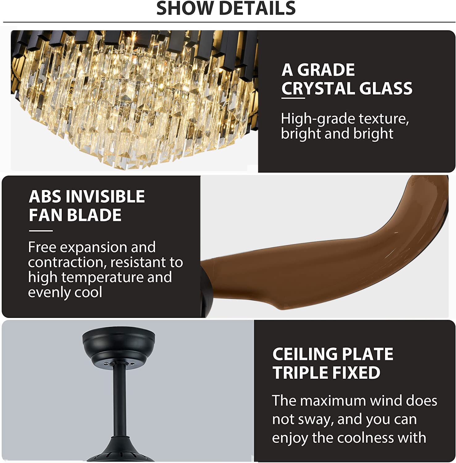 **Retractable Black Ceiling Fan with Lights & Remote Control - 3-Speed Quiet Fandelier for Bedroom, Living Room, Dining Room - Modern Chandelier Fan for Home & Office**