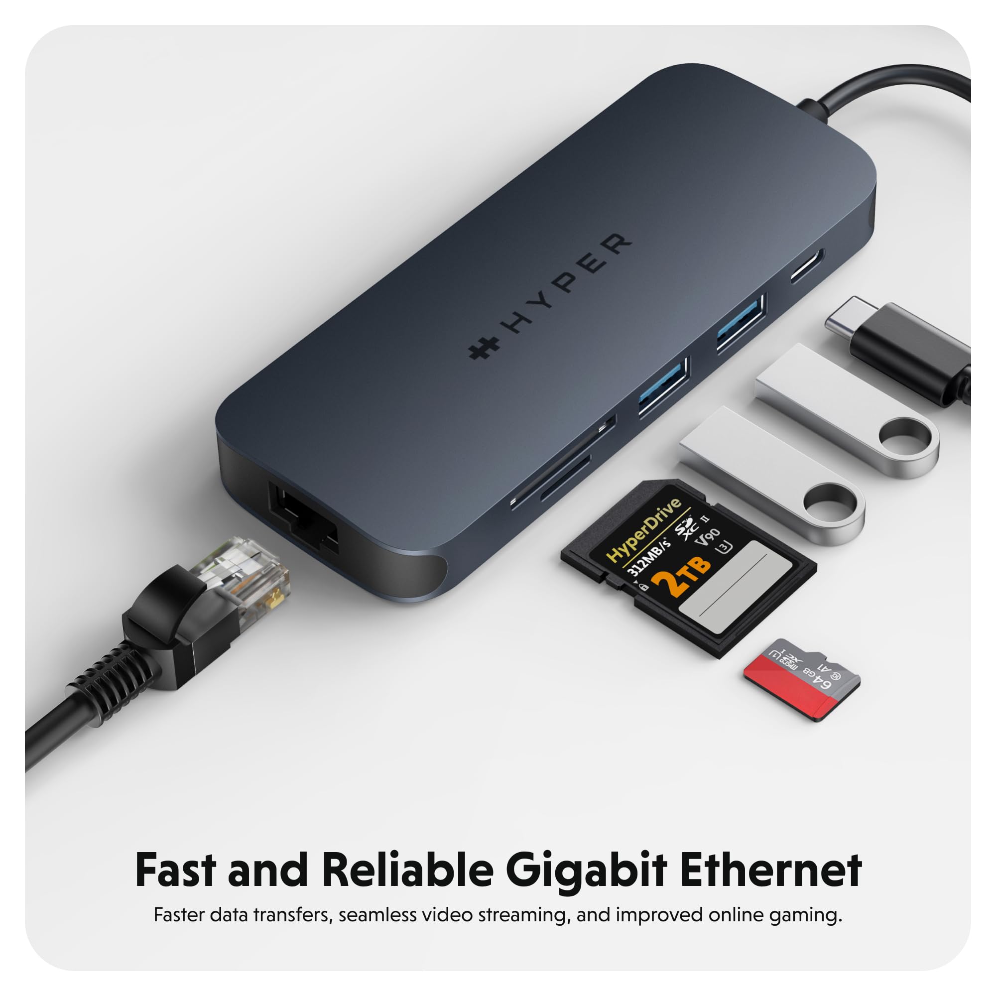 HyperDrive Next 8-in-1 USB C Hub for MacBook Pro/Air, Windows PC & Chromebook - 4K60Hz HDMI, 2x USB-A 3.0, 10Gbps USB-C, 140W Power Delivery, SD/microSD Card Reader, Gigabit Ethernet - Perfect for Home Office, Gaming & Video Editing