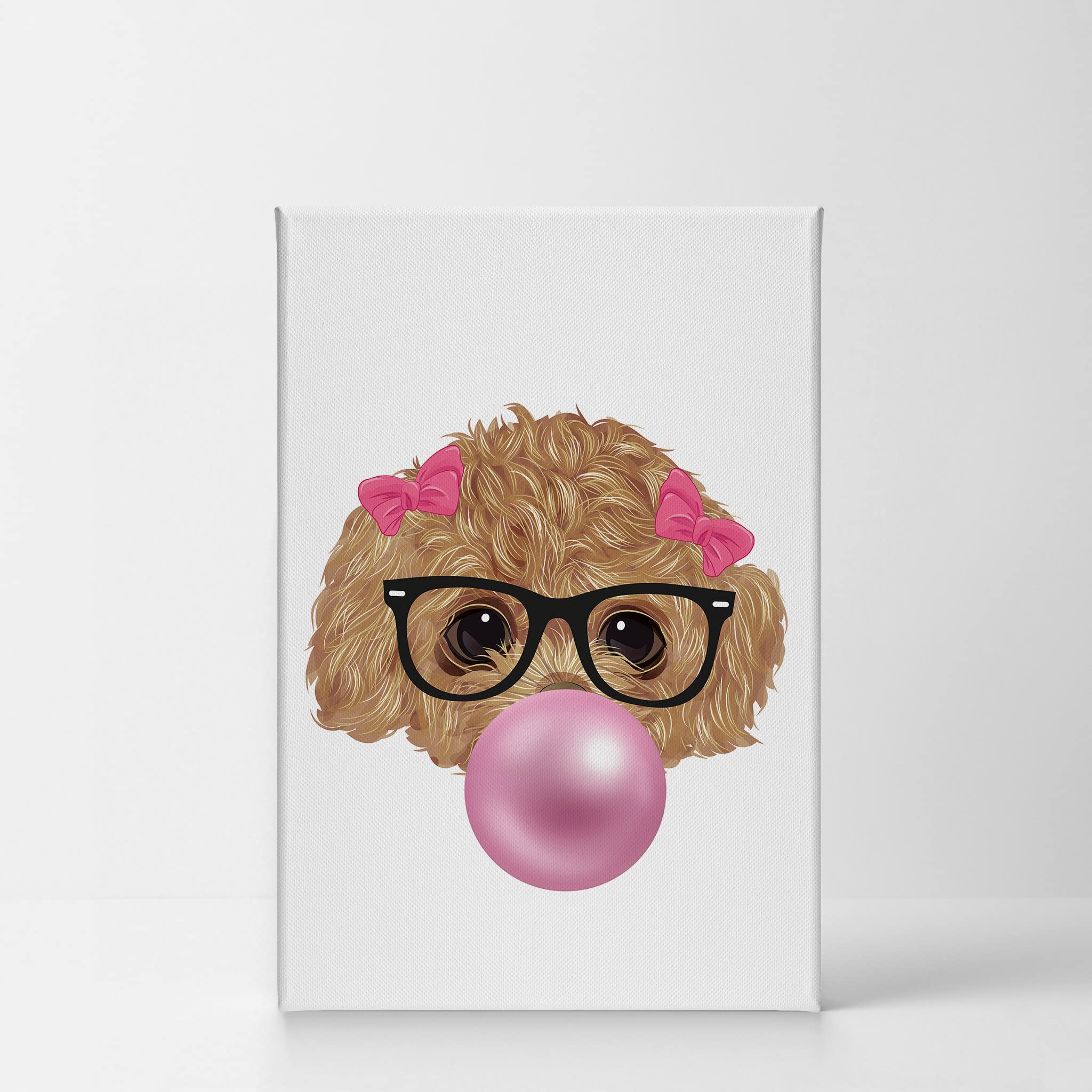 Smile Art Design Toy Poodle Puppy Portrait with Glasses Chewing Bubble Gum - Canvas Wall Art Print for Dog Lovers, Pop Art Decor for Living Room, Bedroom, Nursery - Perfect Gift for Pet Owners (36x24)