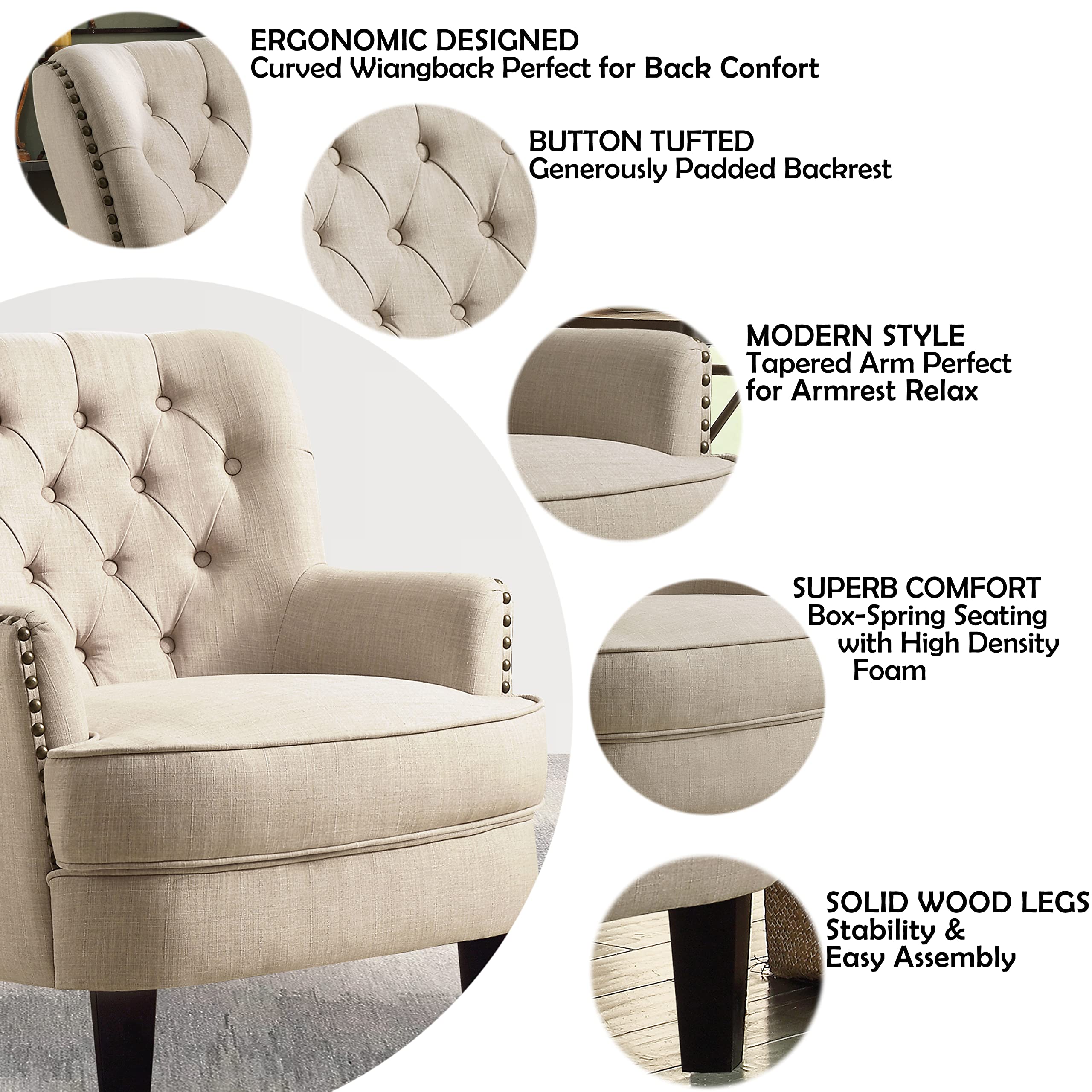 Rosevara Atlas Accent Chair - Modern Linen Natural Living Room Armchair, Comfortable Reading Chair for Bedroom or Lounge - Perfect for Relaxing, Reading & Small Spaces