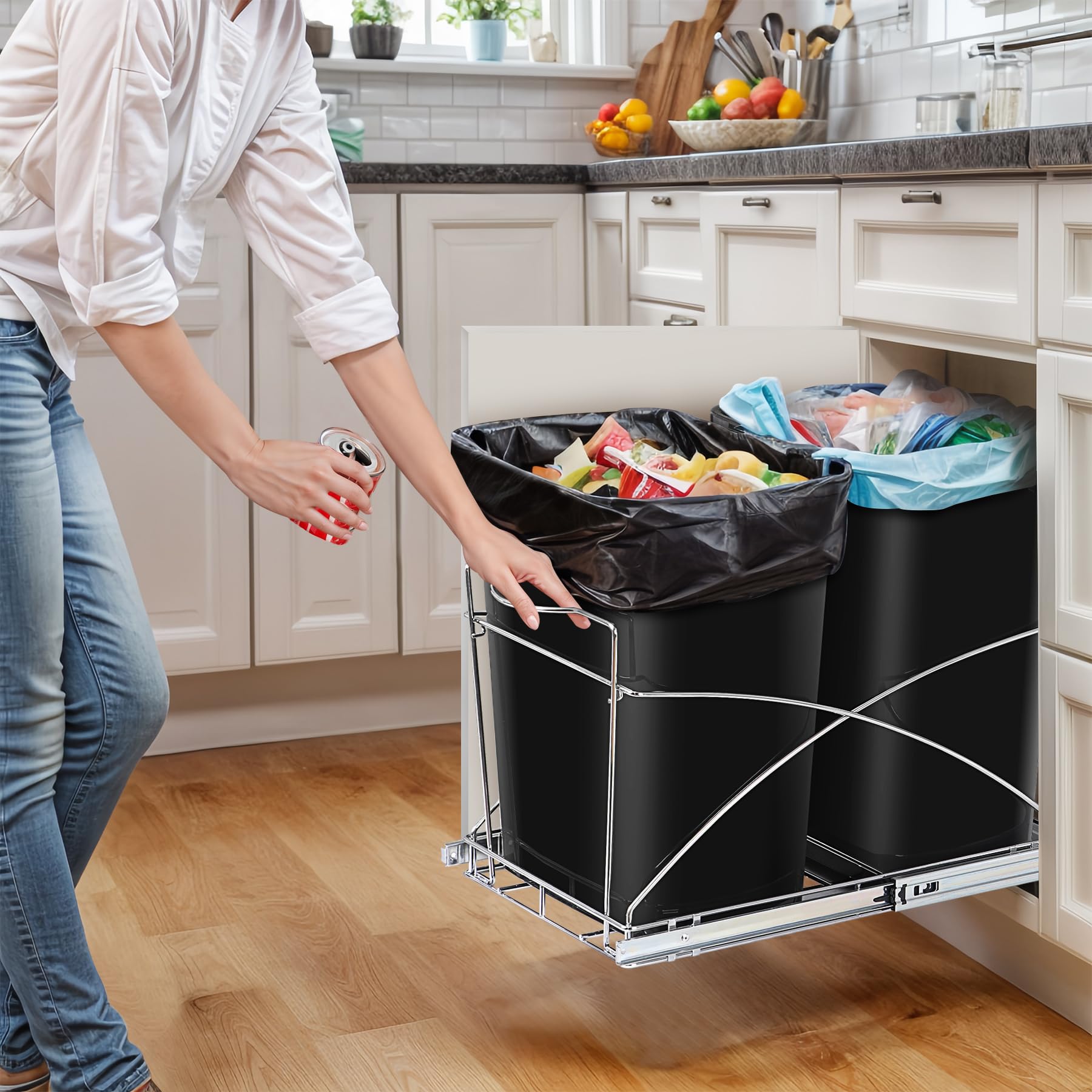 35-Quart Sliding Pull-Out Trash Can for Kitchen Cabinets - Dual Compartment Under Sink Waste Bin - 17.5 Gallon Under Cabinet Garbage Container for Home & Office Use - Perfect for Recycling & Waste Separation