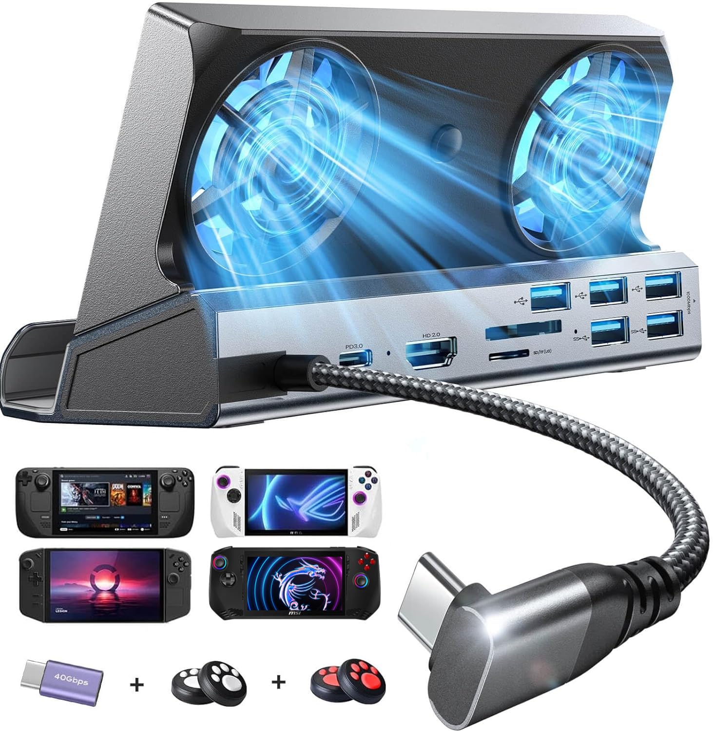 10-in-1 Universal Gaming Dock for Steam Deck/MSI Claw/Legion Go/ROG Ally - 5 USB Ports, Dual Cooling Fans, 4K@60Hz HDMI, Gigabit Ethernet & 100W Fast Charging - Perfect for Home Entertainment & Portable Gaming Setup