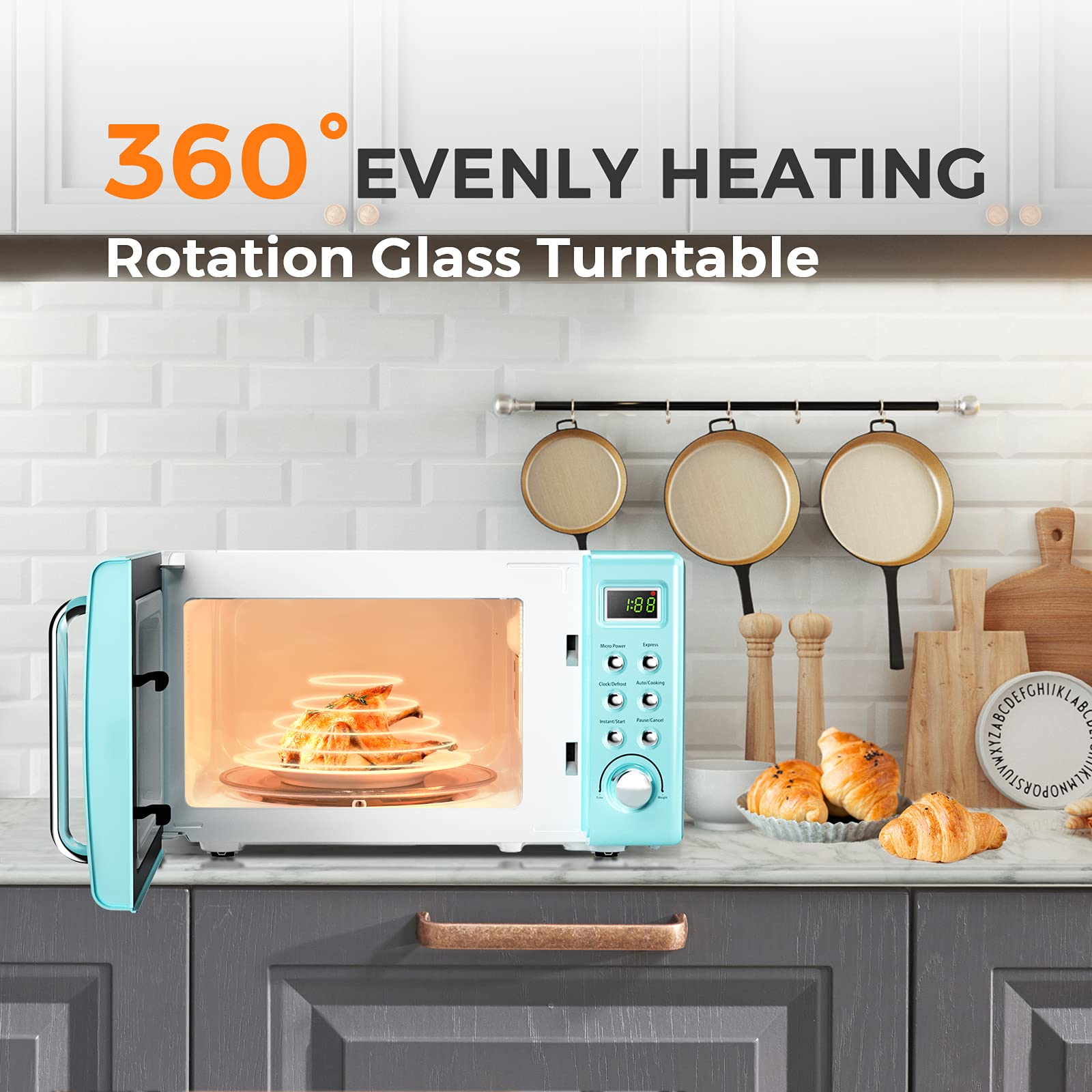 ARLIME 0.7Cu.ft 700W Small Countertop Microwave Oven with 5 Power Levels, Auto Cook & Defrost Functions, Stainless Steel Interior, LED Display - Retro Style Compact Microwave for Kitchen, Dorm, RV, Office & Small Spaces (Green)