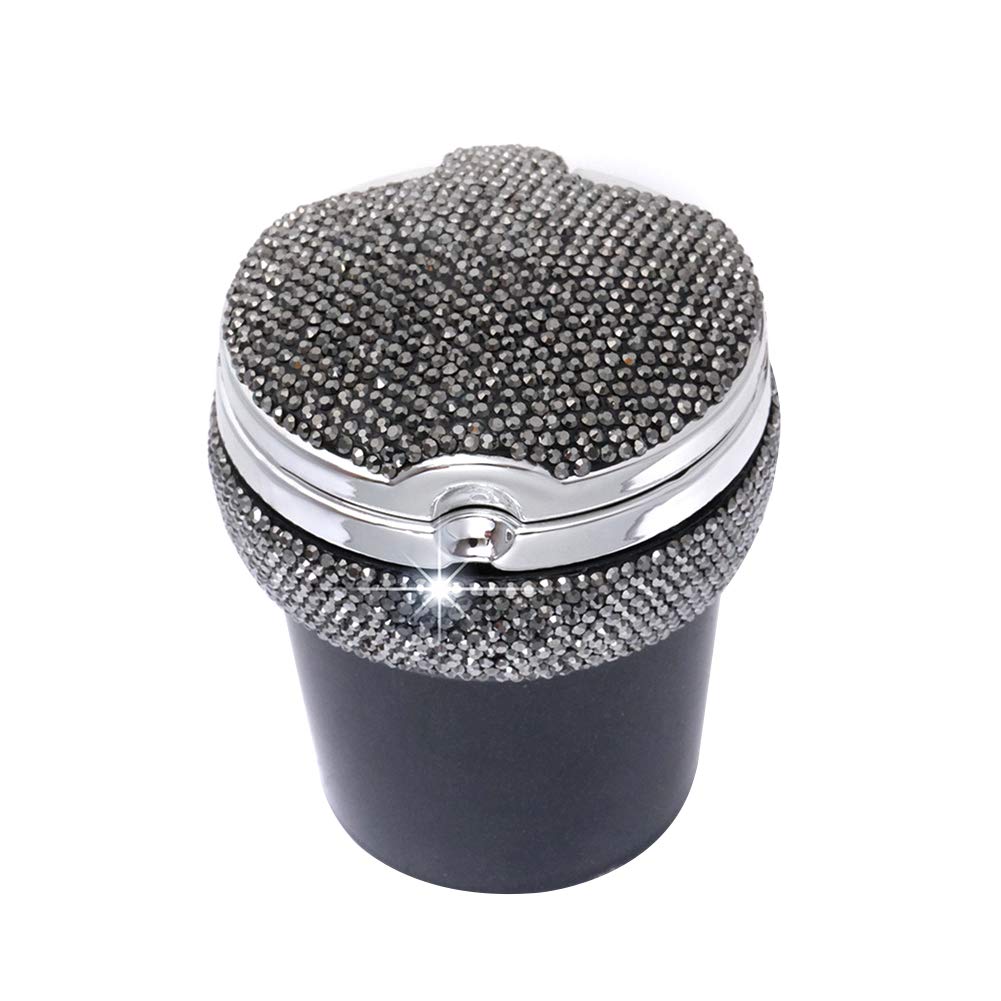 Portable LED Car Ashtray with Lid - Bling Crystal Cigarette Ashtray for Car, Home & Office - Universal Car Accessories (Bright Black) | Perfect for Travel, Smoking Areas & Vehicle Organization