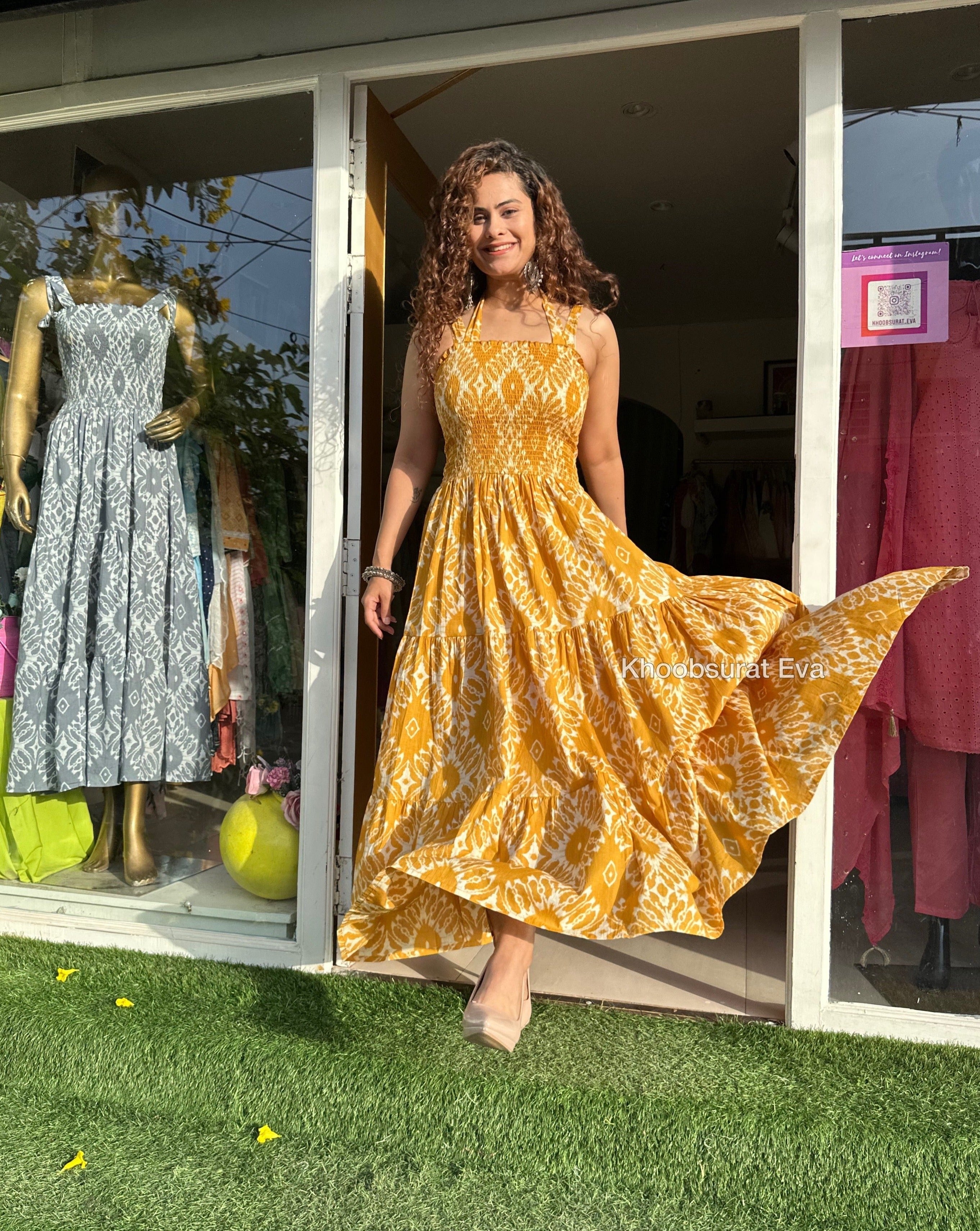 Yellow Cotton Tiered Maxi Dress for Women - Flowy Summer Beach Dress with Pockets | Perfect for Vacations, Weddings & Casual Outings