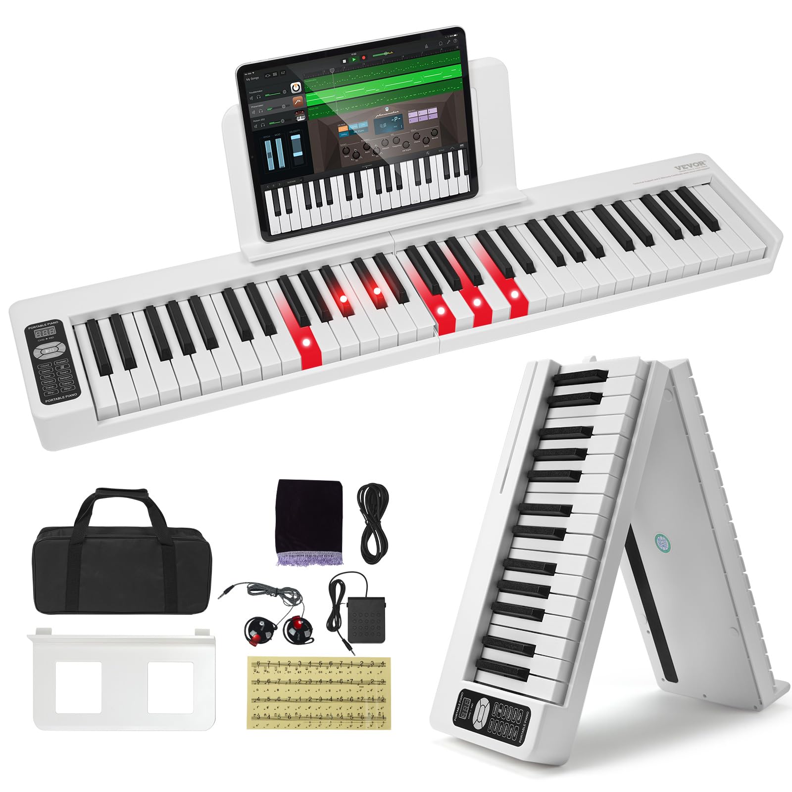 VEVOR 61-Key Portable Electronic Digital Piano with Bluetooth & MIDI, Foldable Keyboard with Touch Sensitive Keys, Sustain Pedal & Lighted Carrying Bag - Rechargeable Beginner Piano for Teens & Adults (White, BX-11) - Perfect for Home Practice, Travel & Music Learning