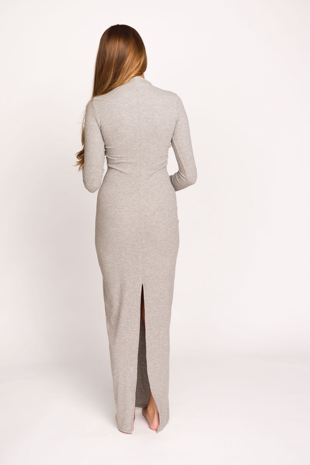 Jackie Knit Maxi Dress with Back Slit - Heather Grey Women's Casual Long Dress for Summer, Beach, and Evening Wear
