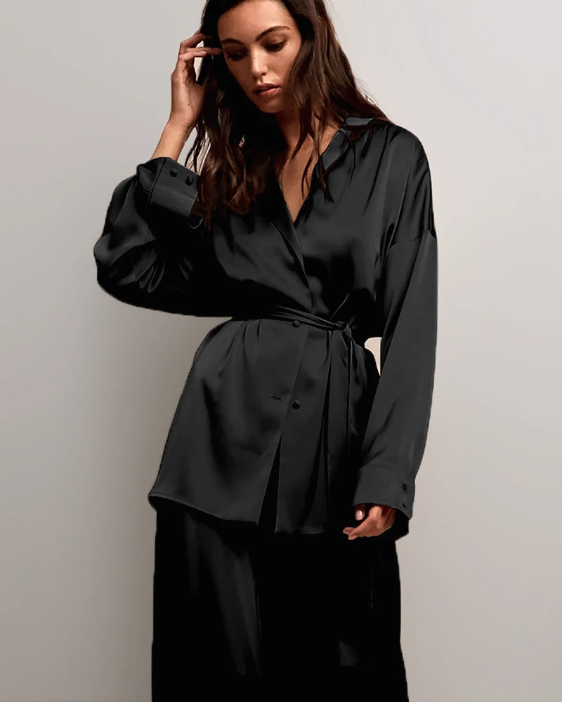 Luxury Oversized Silk Pajama Set for Women with Adjustable Belt - Soft Comfortable Sleepwear for Nighttime Relaxation & Spa Days